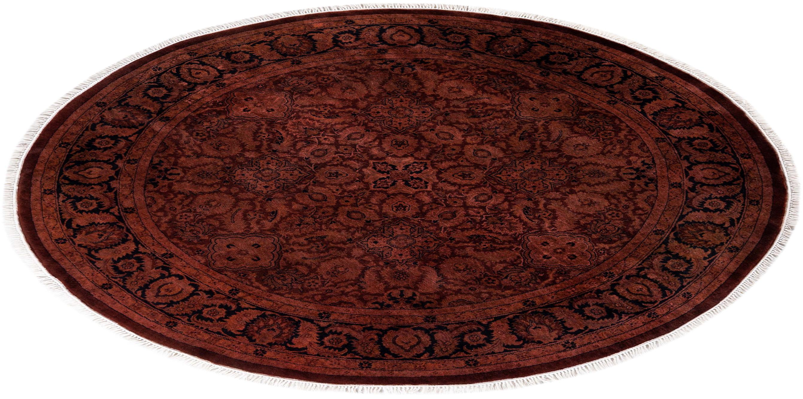 Contemporary Overdyed Hand Knotted Wool Red Round Area Rug For Sale 4