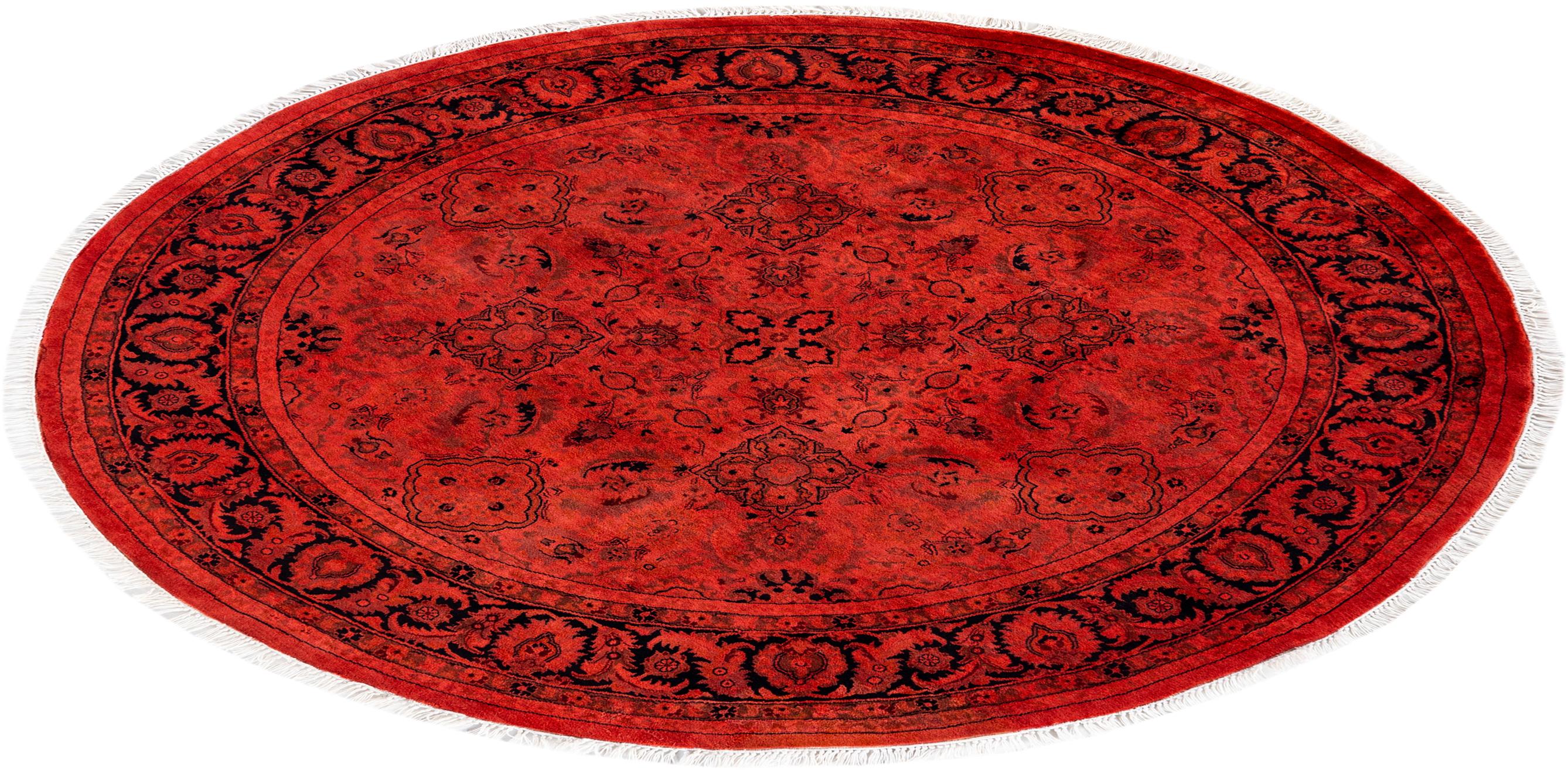 Contemporary Overdyed Hand Knotted Wool Red Round Area Rug For Sale 4