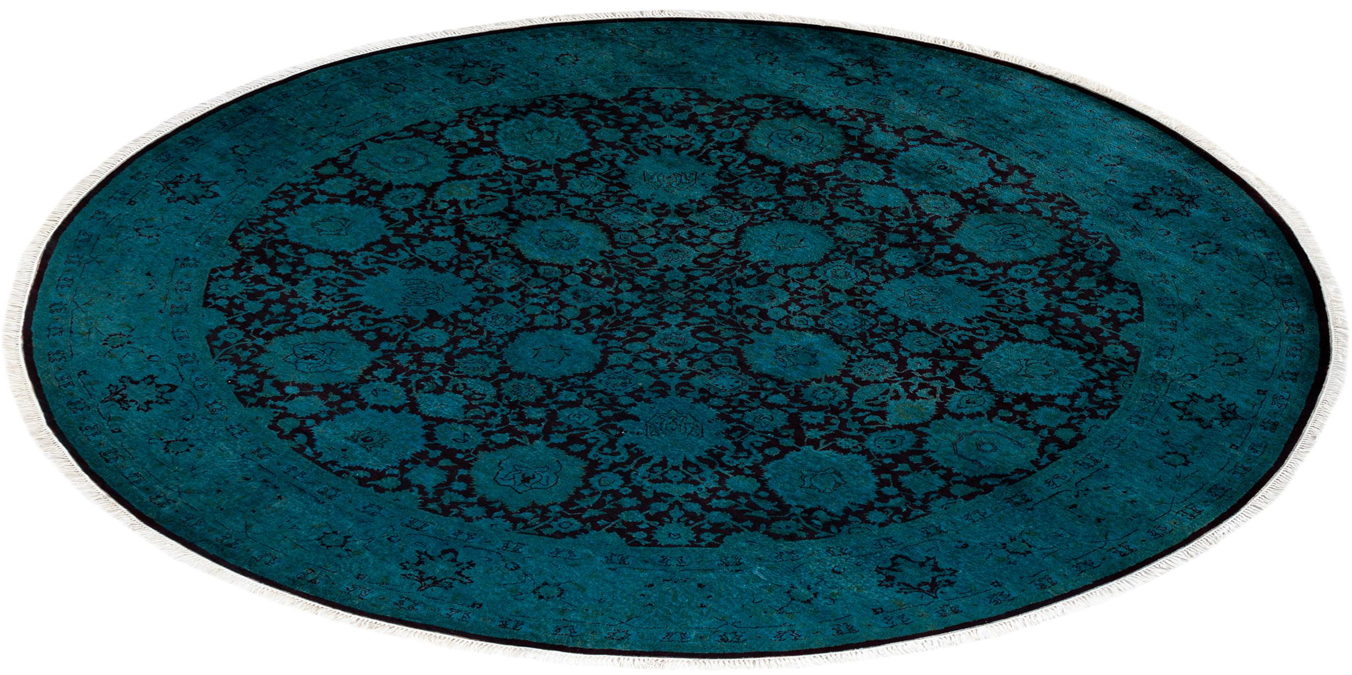 Contemporary Overdyed Hand Knotted Wool Blue Round Area Rug im Angebot 2