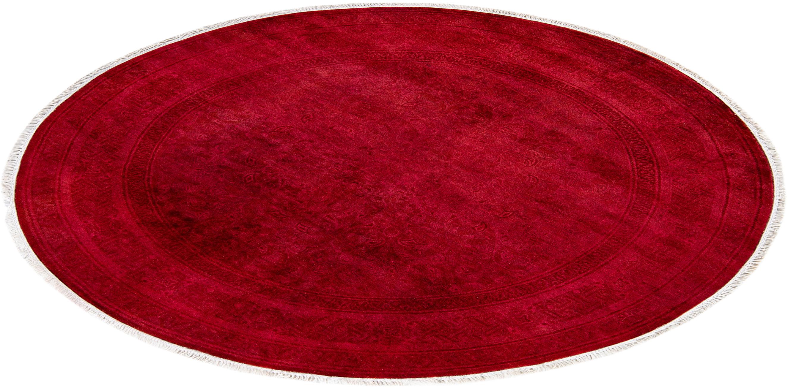 Contemporary Overdyed Hand Knotted Wool Red Round Area Rug For Sale 5