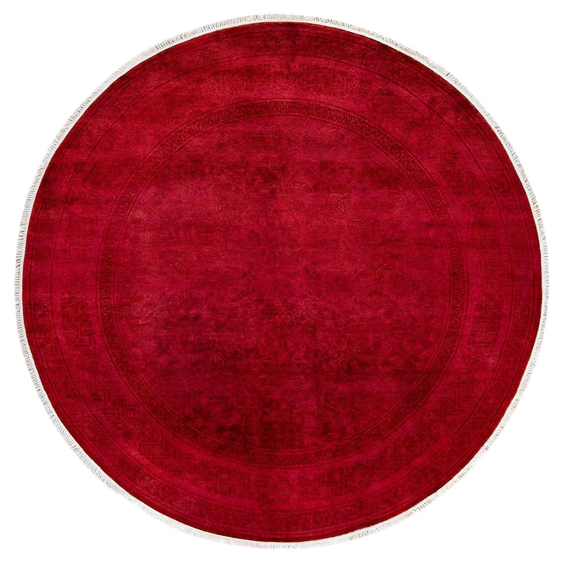 Contemporary Overdyed Hand Knotted Wool Red Round Area Rug