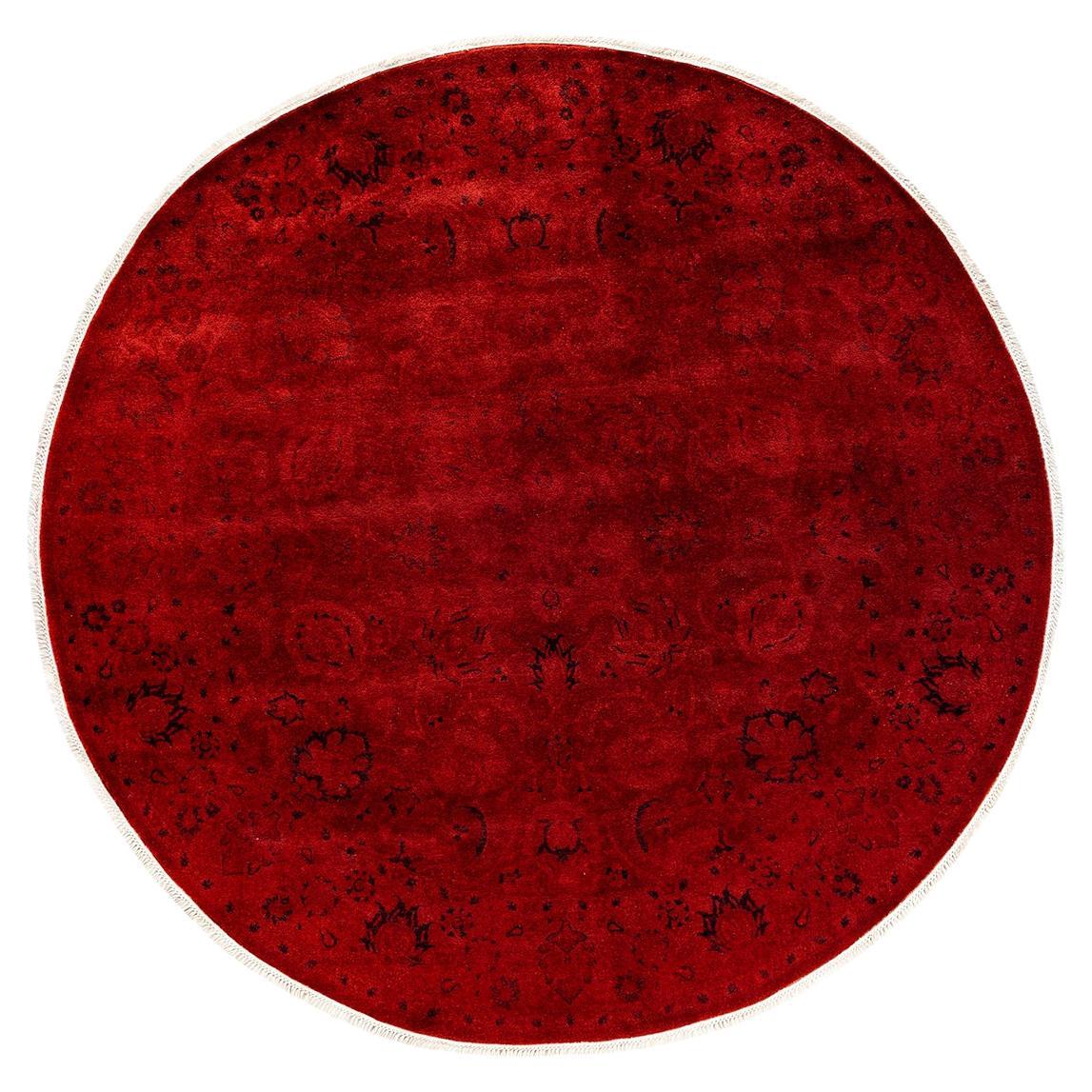 Contemporary Overdyed Hand Knotted Wool Red Round Area Rug For Sale