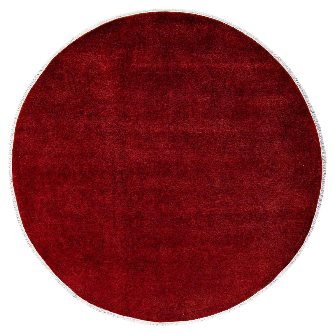 Contemporary Overdyed Hand Knotted Wool Red Round Area Rug For Sale