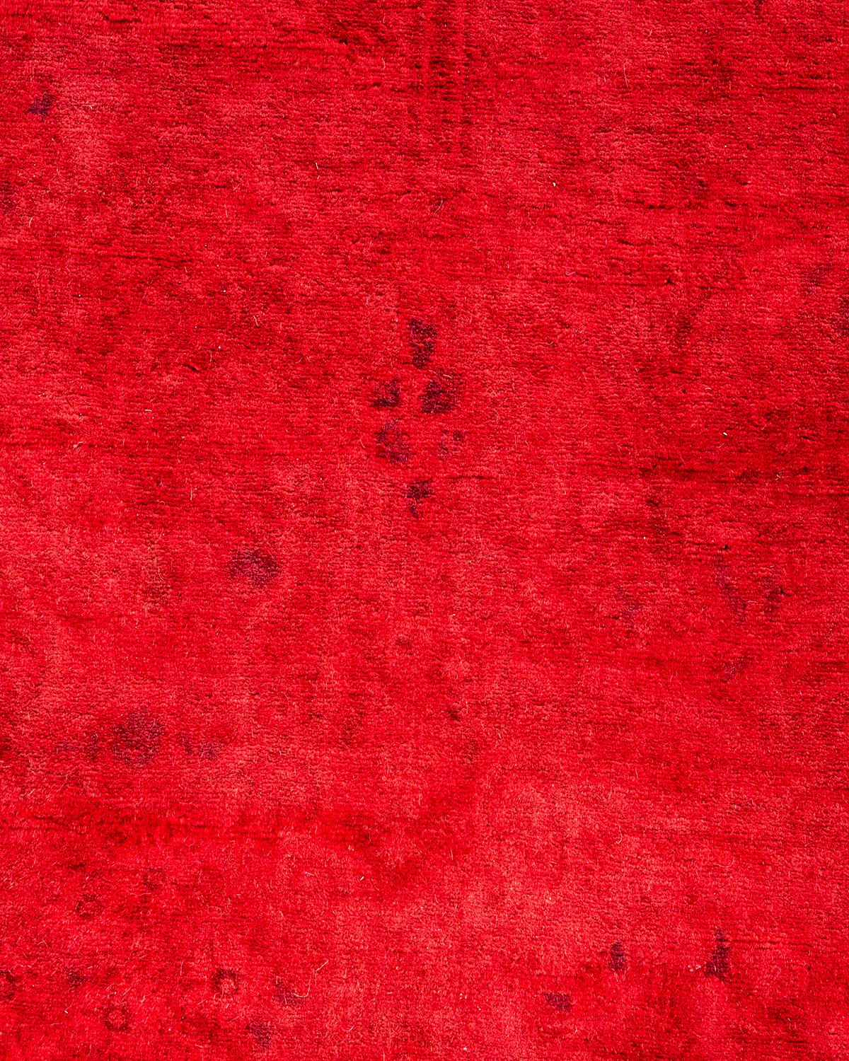 Pakistani Contemporary Overdyed Hand Knotted Wool Red Runner For Sale