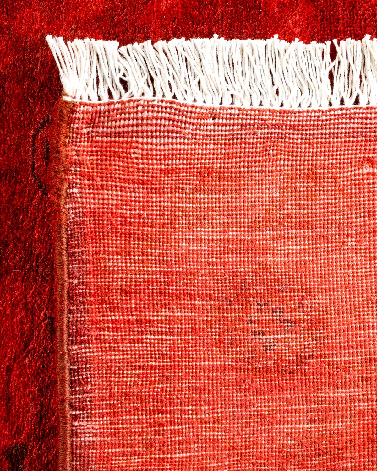 Contemporary Overdyed Hand Knotted Wool Red Runner For Sale 1