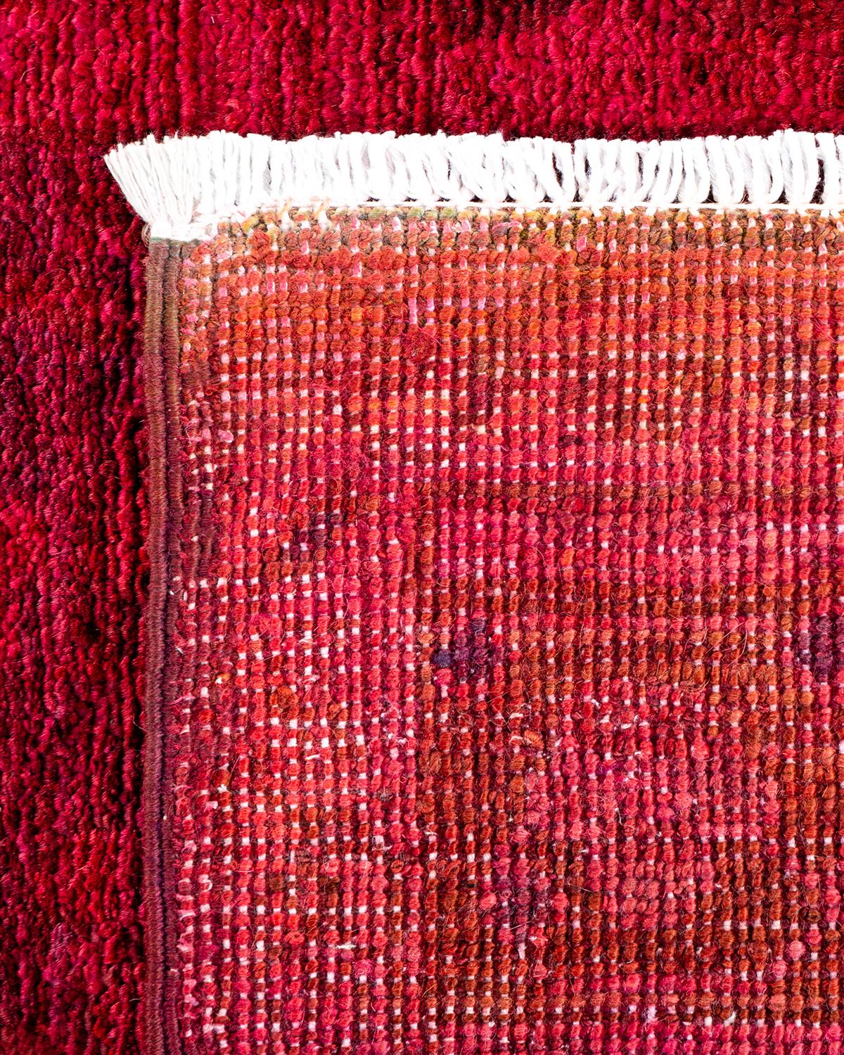 Contemporary Overdyed Hand Knotted Wool Red Runner For Sale 1