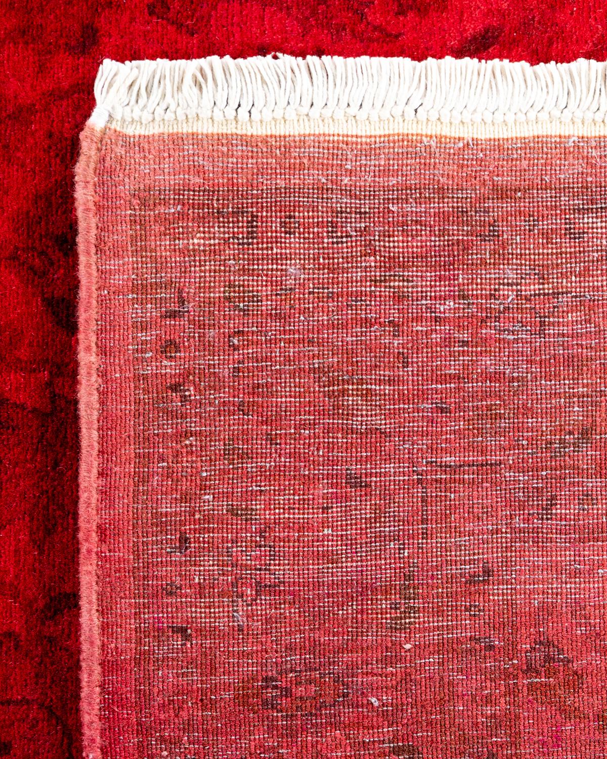 Contemporary Overdyed Hand Knotted Wool Red Runner For Sale 1