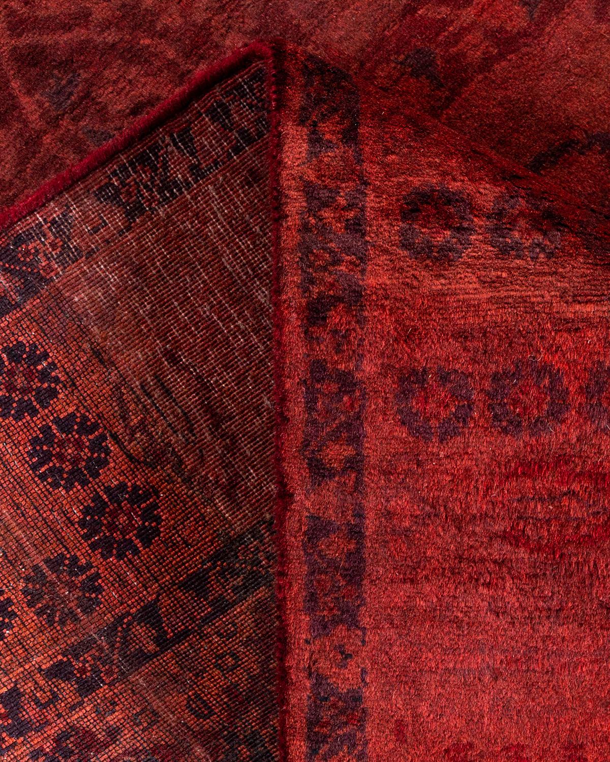 Contemporary Overdyed Hand Knotted Wool Red Runner For Sale 2