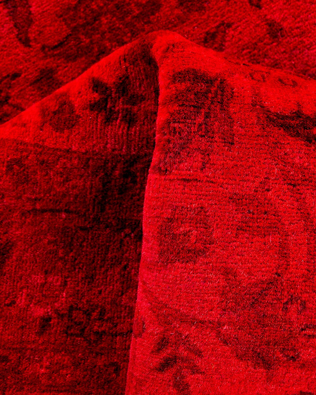 Contemporary Overdyed Hand Knotted Wool Red Runner For Sale 3