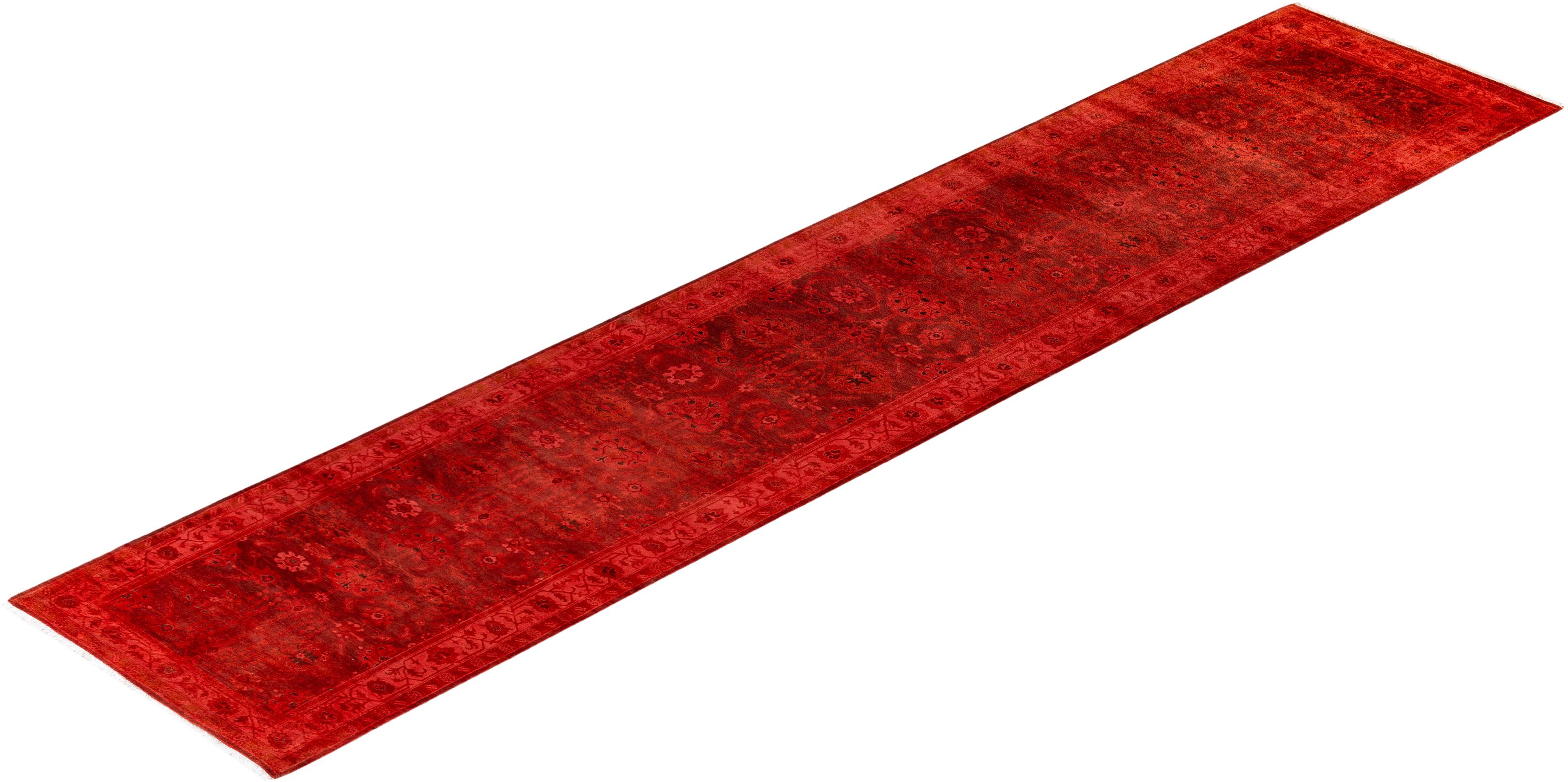 Contemporary Overdyed Hand Knotted Wool Red Runner For Sale 4