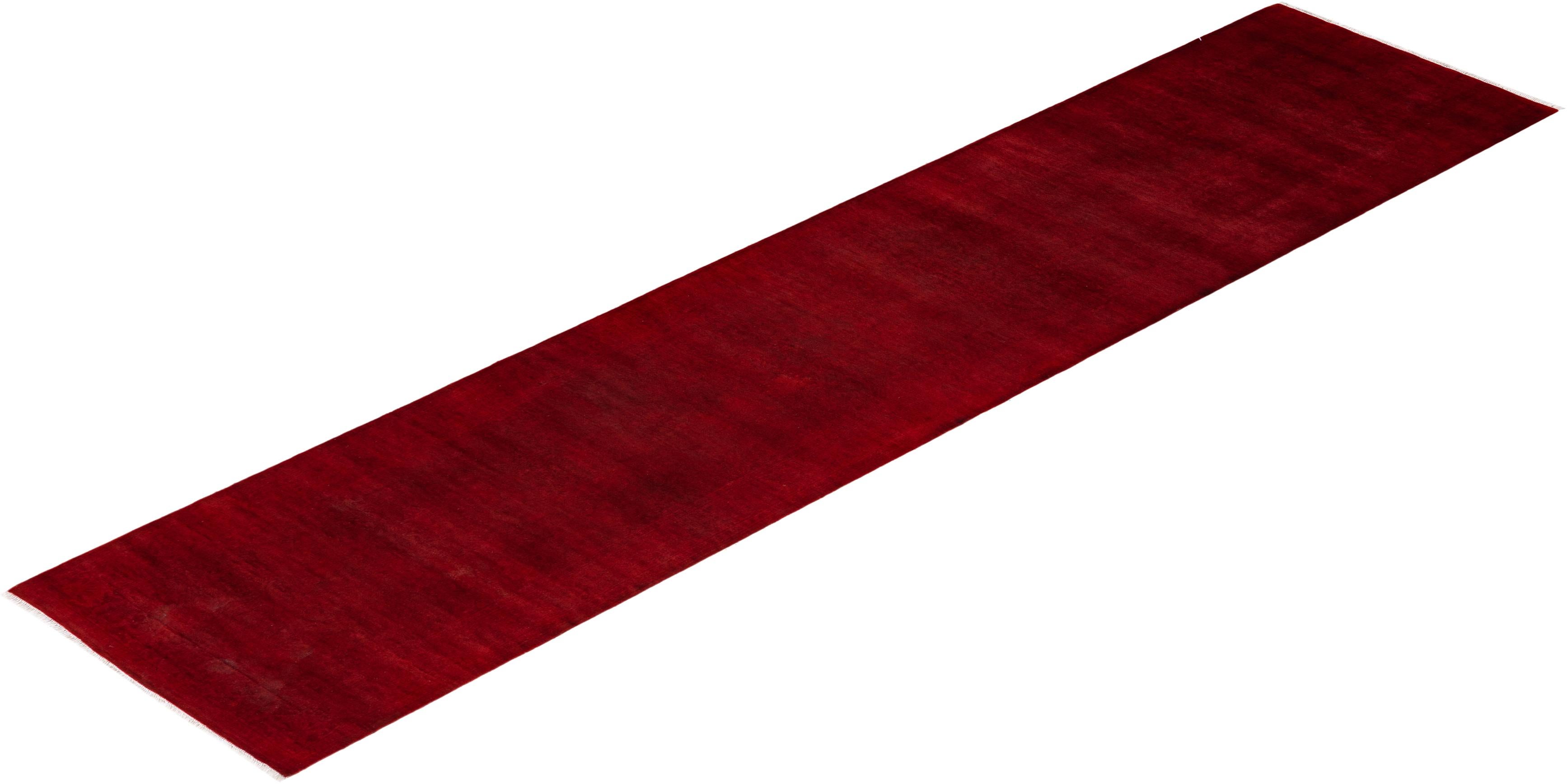 Contemporary Overdyed Hand Knotted Wool Red Runner For Sale 4