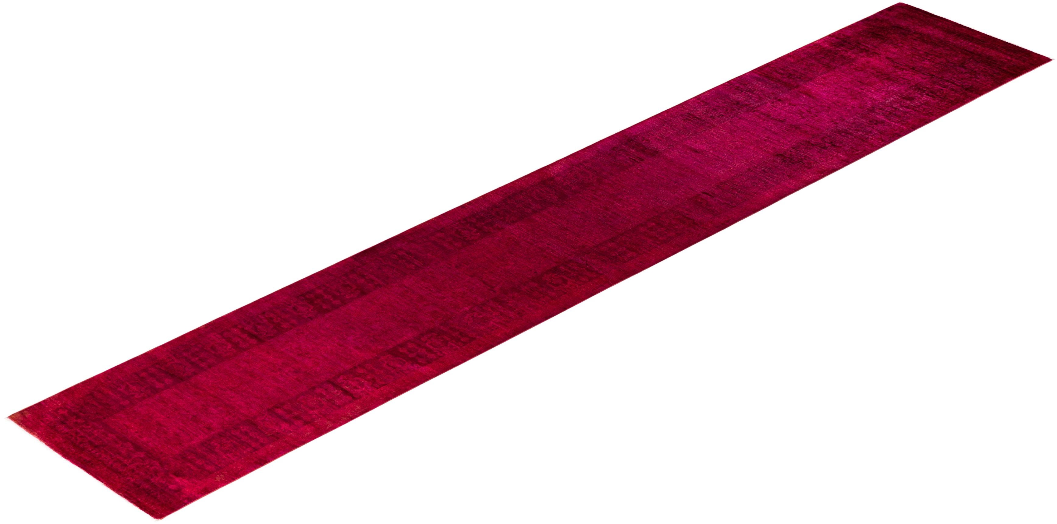 Contemporary Overdyed Hand Knotted Wool Red Runner For Sale 4