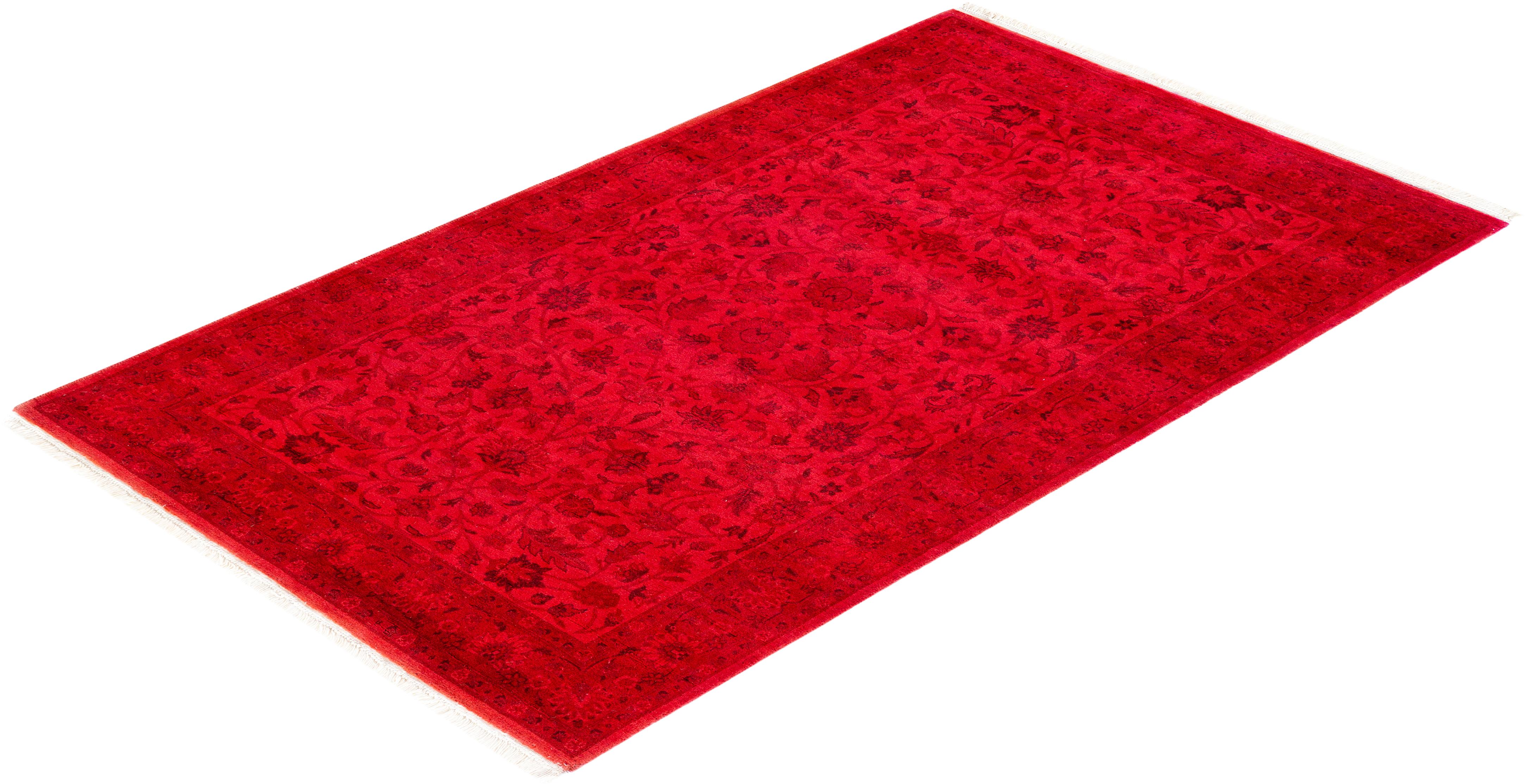 Contemporary Overdyed Hand Knotted Wool Red Runner For Sale 4