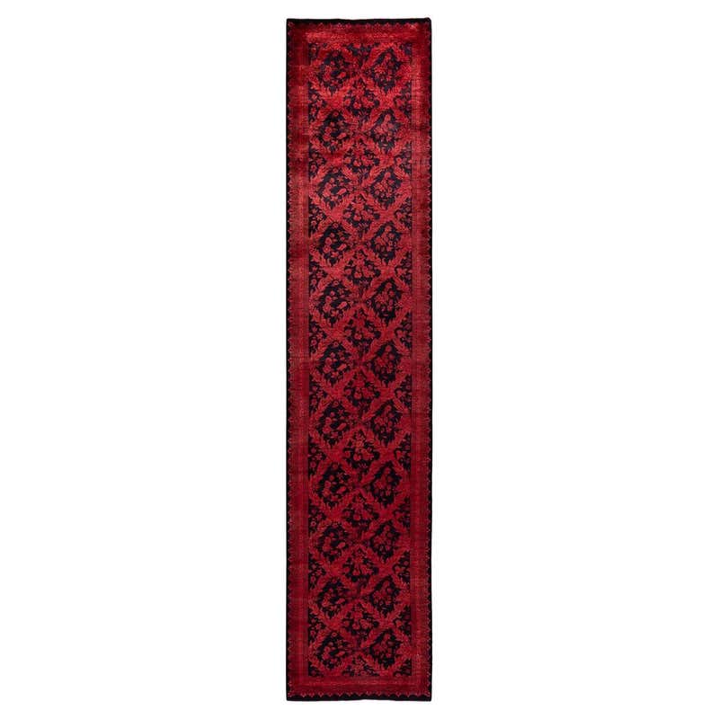 Contemporary Overdyed Hand Knotted Wool Red Runner For Sale at 1stDibs