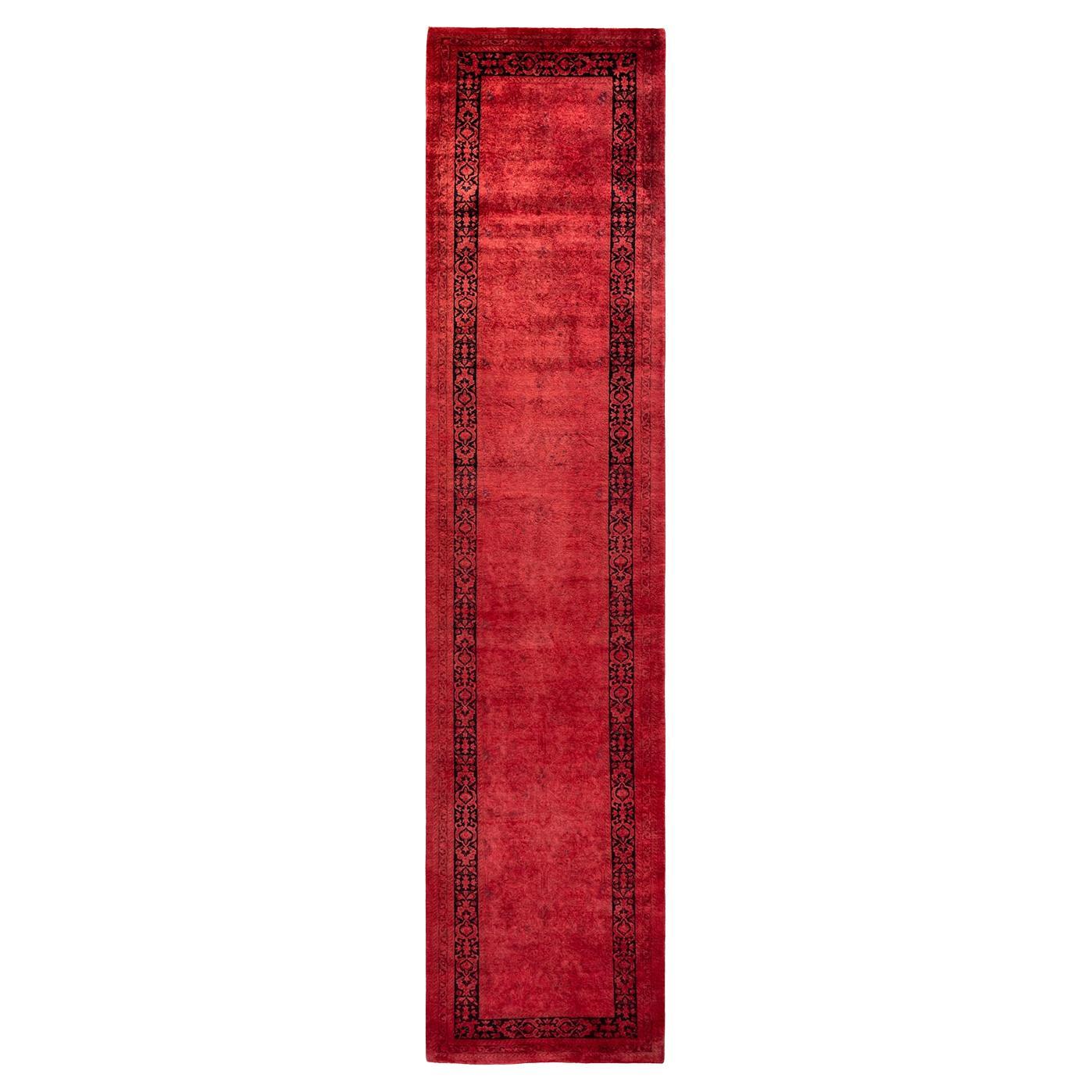 Contemporary Overdyed Hand Knotted Wool Red Runner