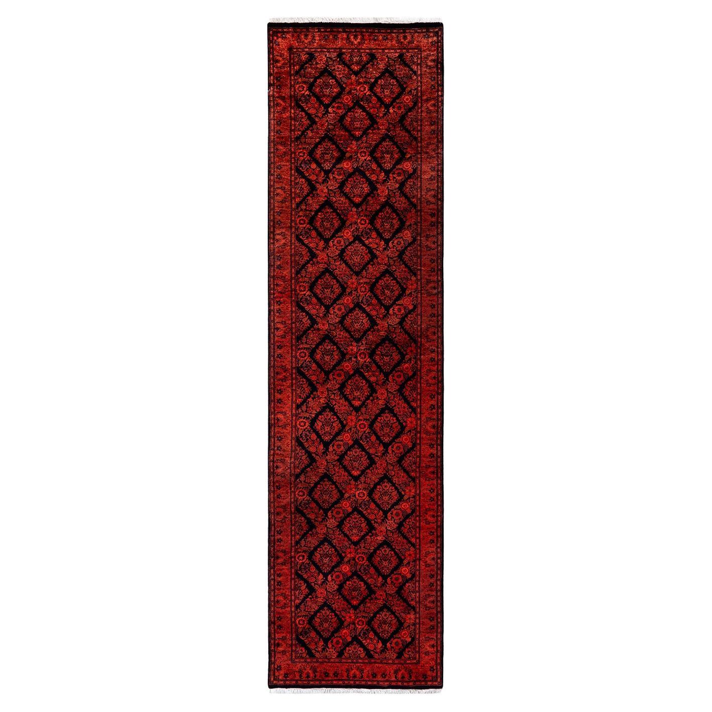 Contemporary Overdyed Hand Knotted Wool Red Runner For Sale