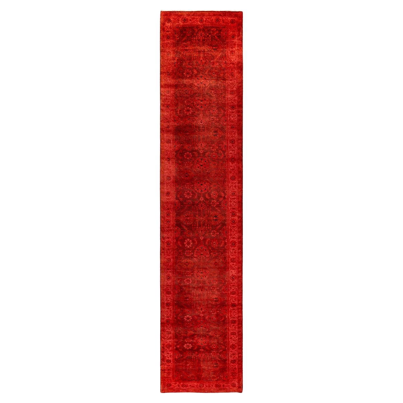 Contemporary Overdyed Hand Knotted Wool Red Runner