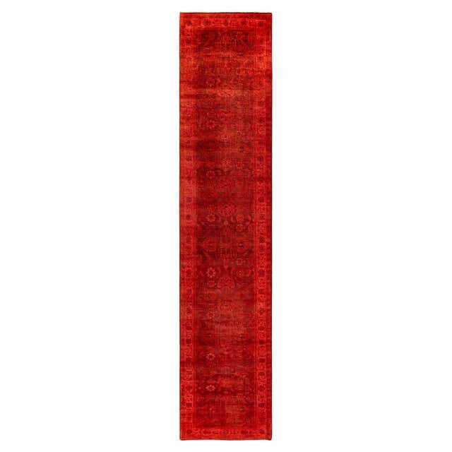 Contemporary Overdyed Hand Knotted Wool Red Runner For Sale at 1stDibs