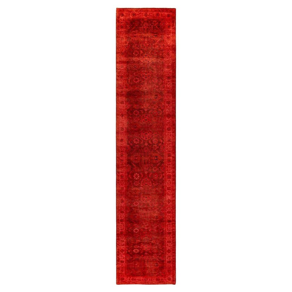 Contemporary Overdyed Hand Knotted Wool Red Runner For Sale at 1stDibs