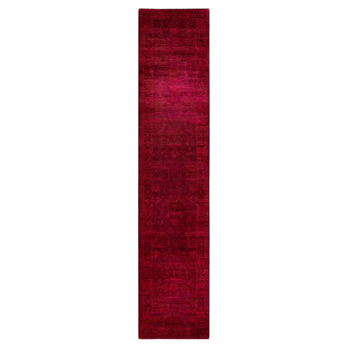 Contemporary Overdyed Hand Knotted Wool Red Runner For Sale