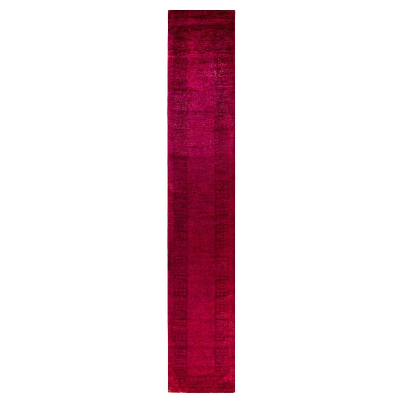 Contemporary Overdyed Hand Knotted Wool Red Runner For Sale