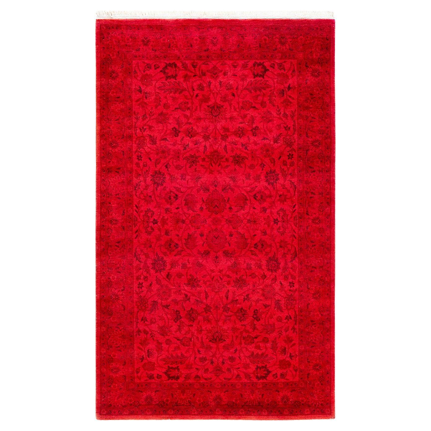 Contemporary Overdyed Hand Knotted Wool Red Runner For Sale