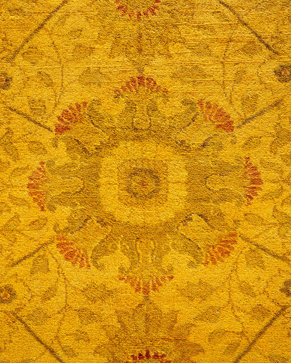 Pakistani Contemporary Overdyed Hand Knotted Wool Yellow Area Rug For Sale