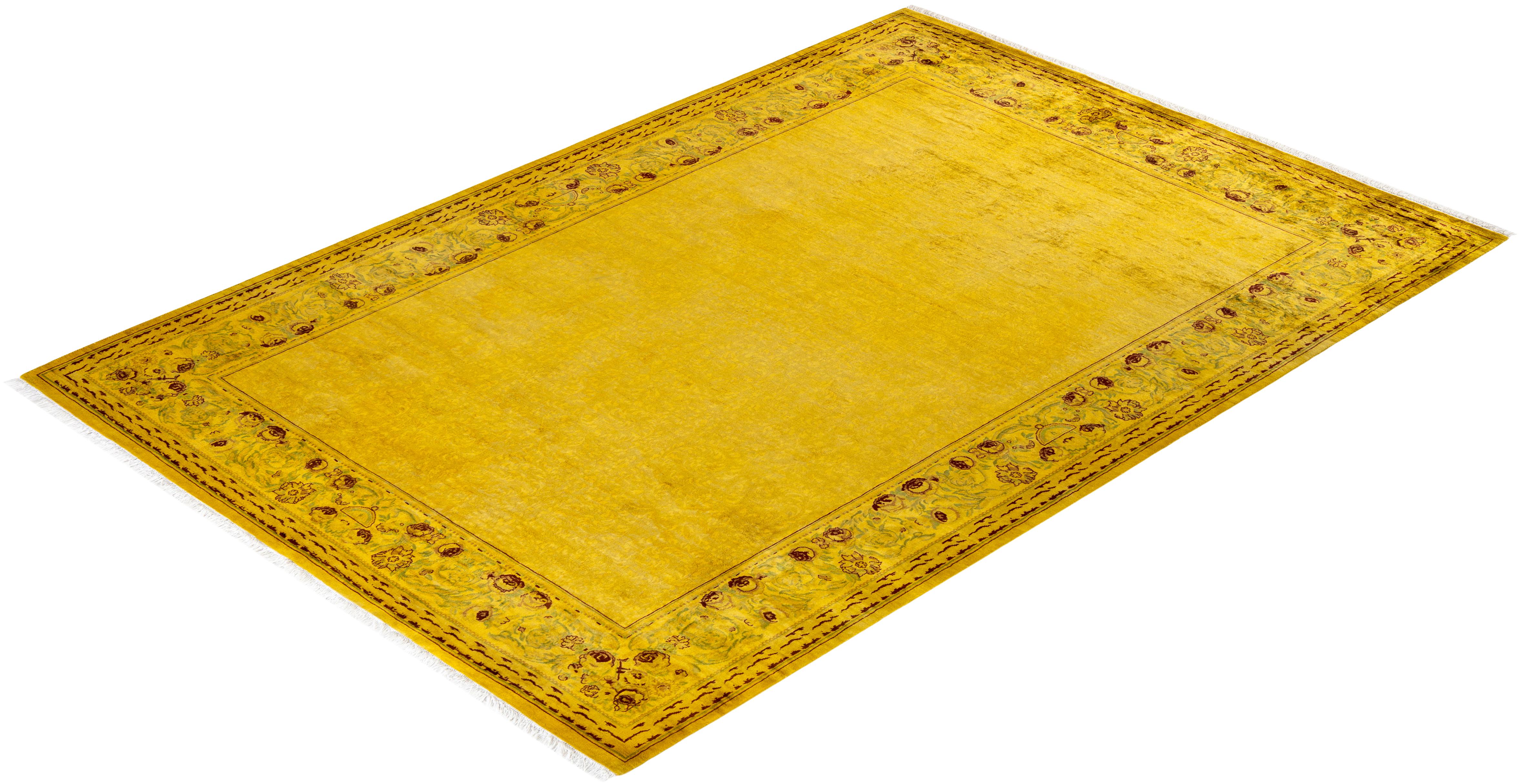 Contemporary Overdyed Hand Knotted Wool Yellow Area Rug For Sale 4