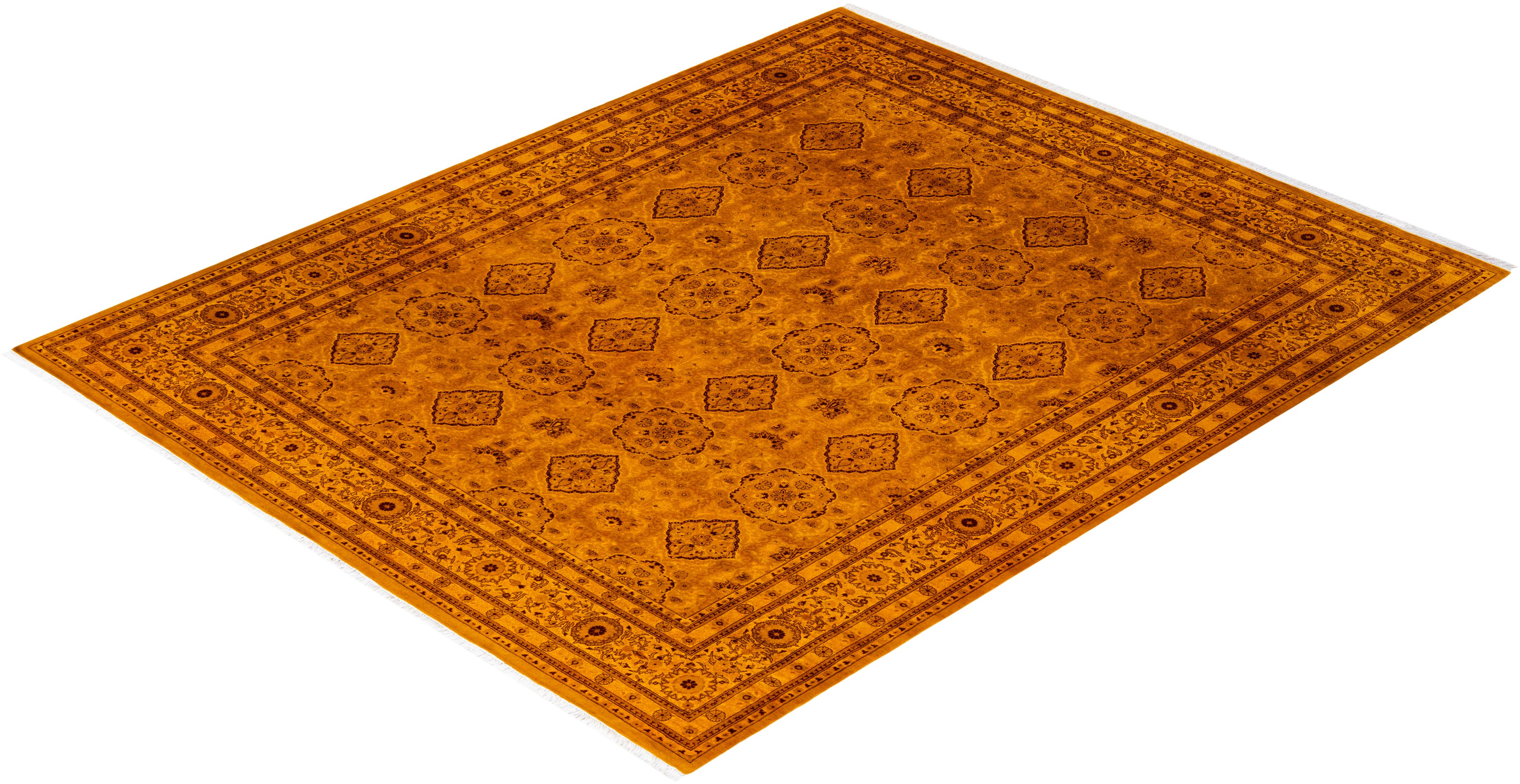 Contemporary Overdyed Hand Knotted Wool Yellow Area Rug For Sale 4