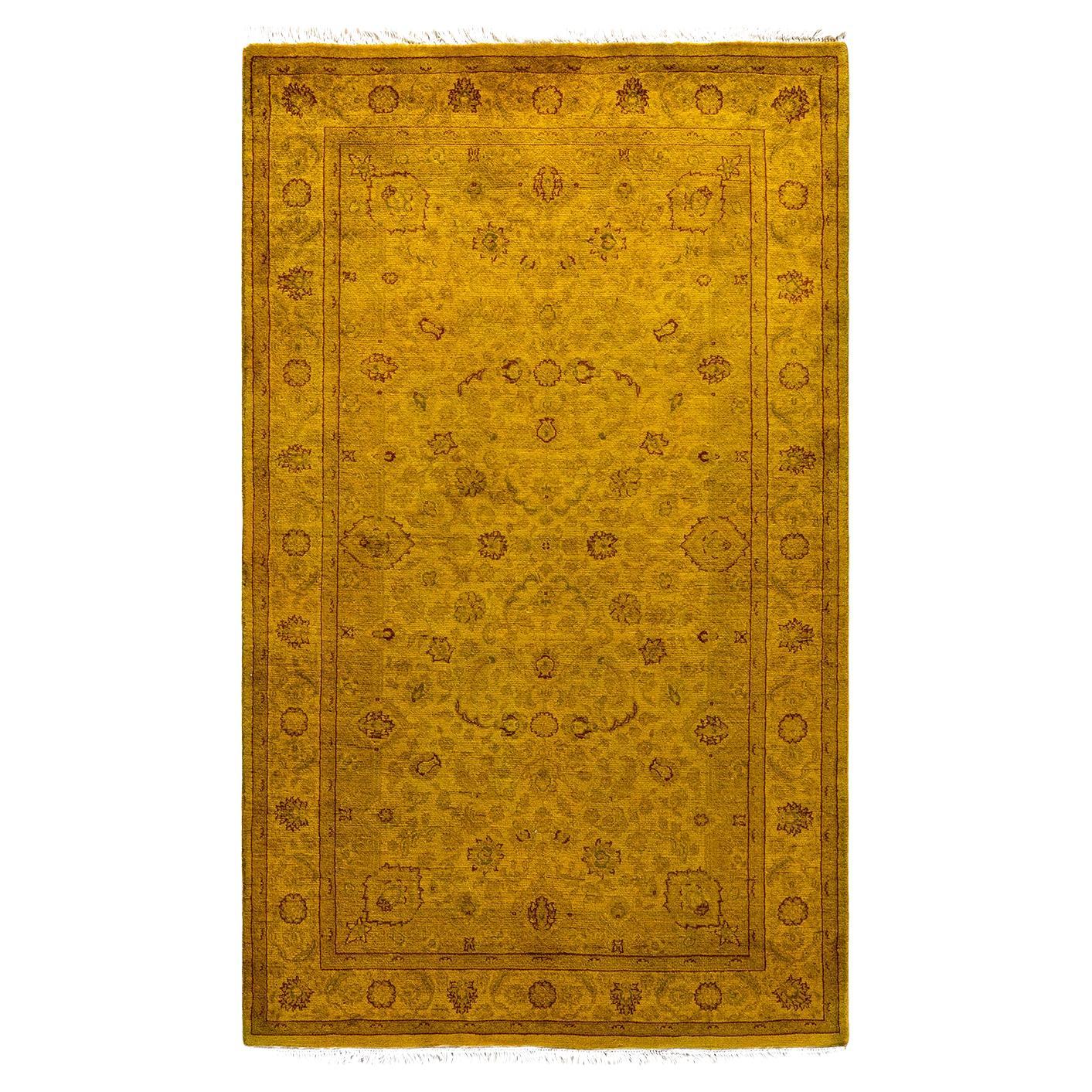 Contemporary Overdyed Hand Knotted Wool Yellow Area Rug For Sale