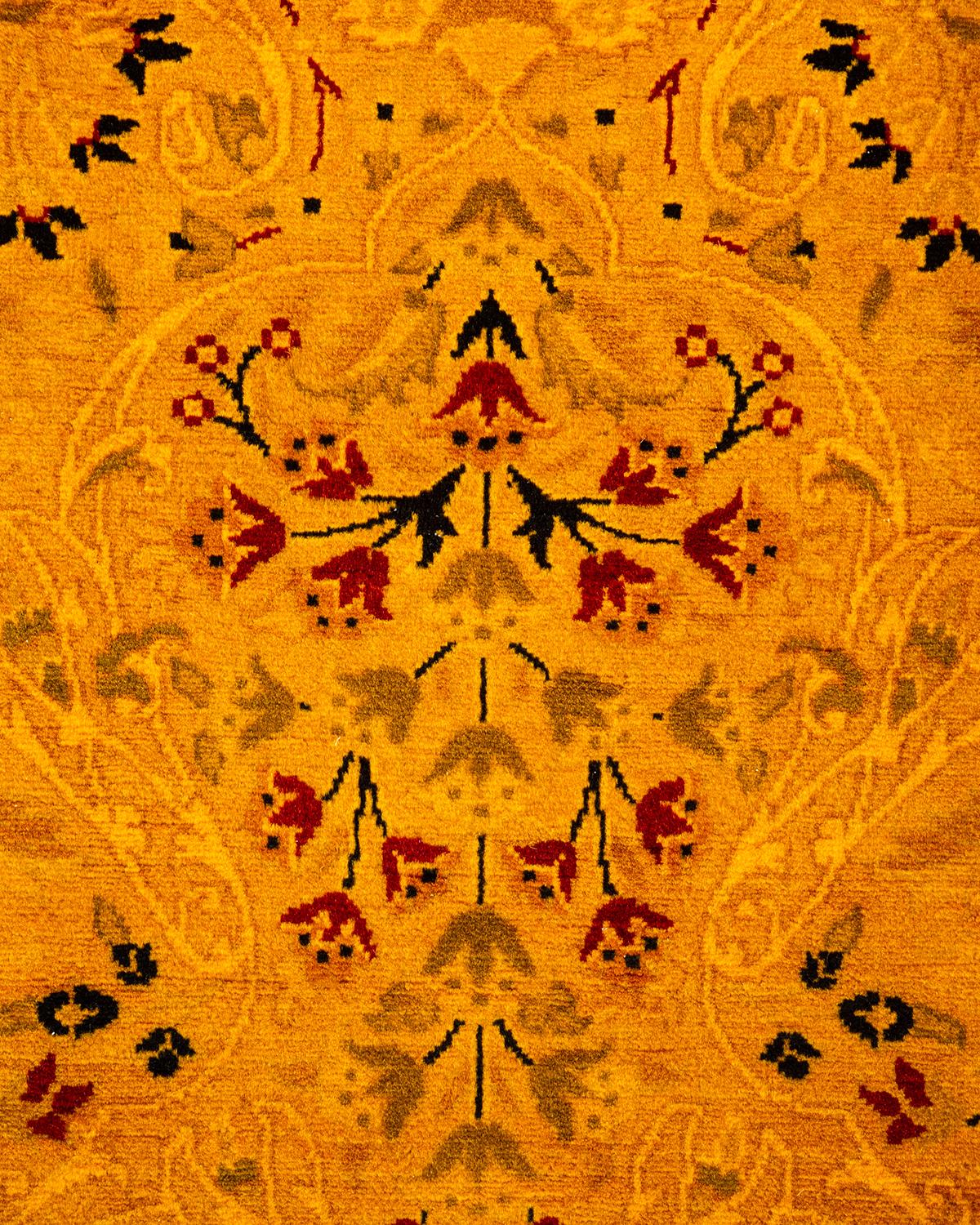 Pakistani Contemporary Overdyed Hand Knotted Wool Yellow Runner For Sale