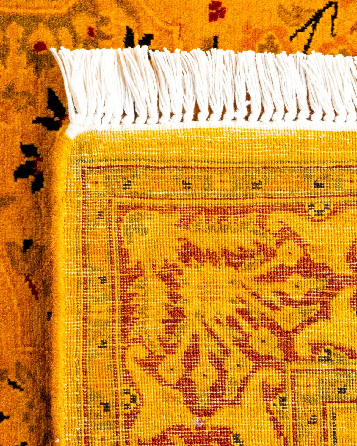 Contemporary Overdyed Hand Knotted Wool Yellow Runner For Sale 1