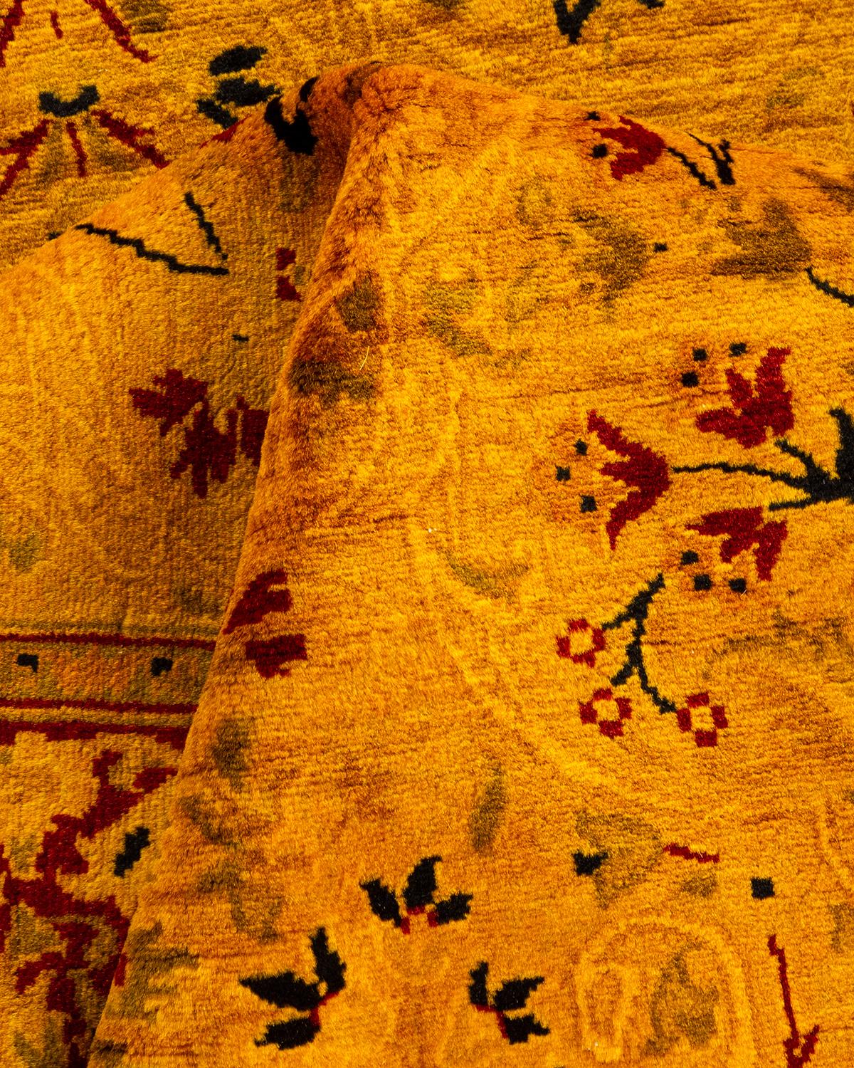 Contemporary Overdyed Hand Knotted Wool Yellow Runner For Sale 3