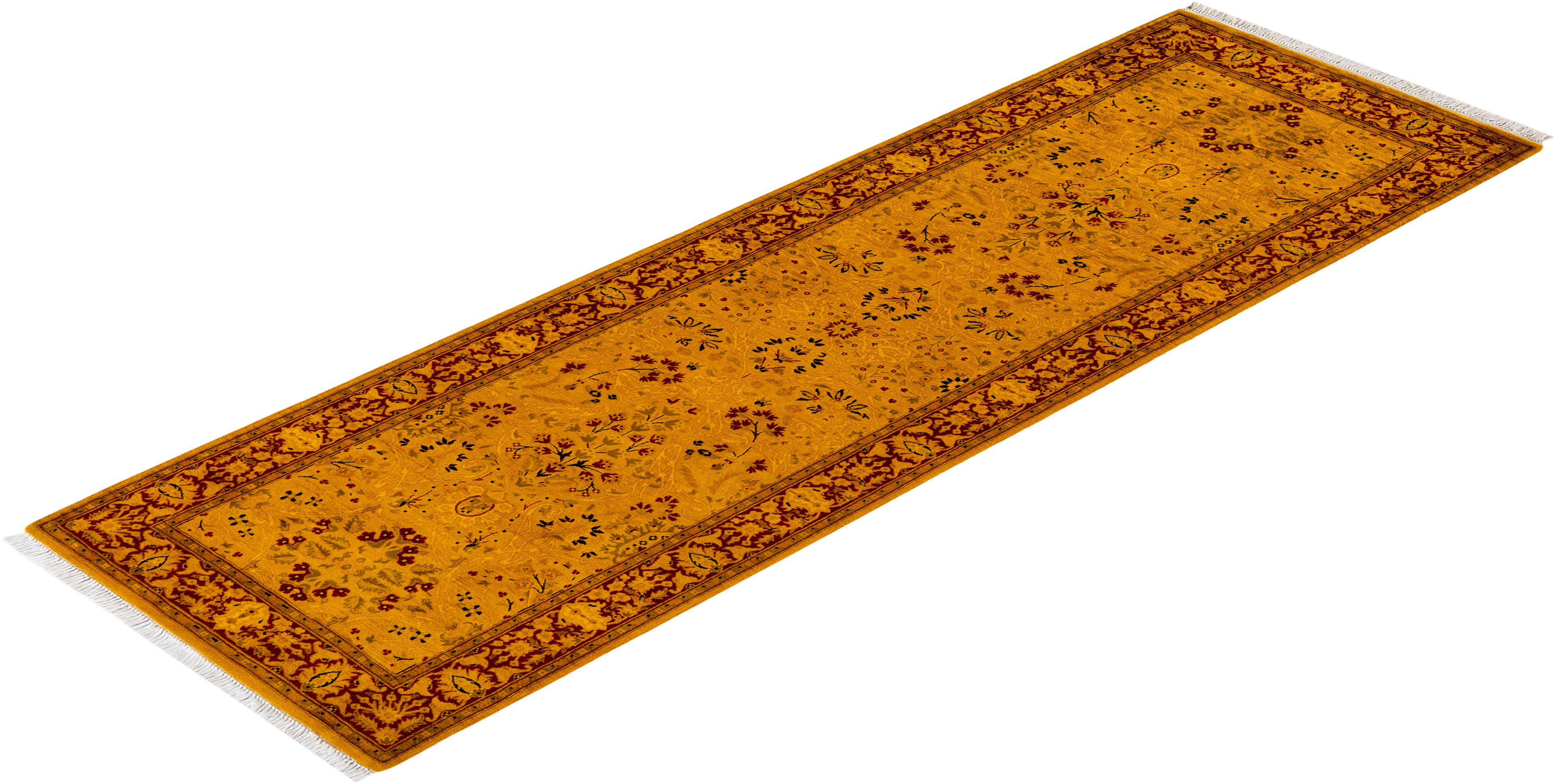 Contemporary Overdyed Hand Knotted Wool Yellow Runner For Sale 4