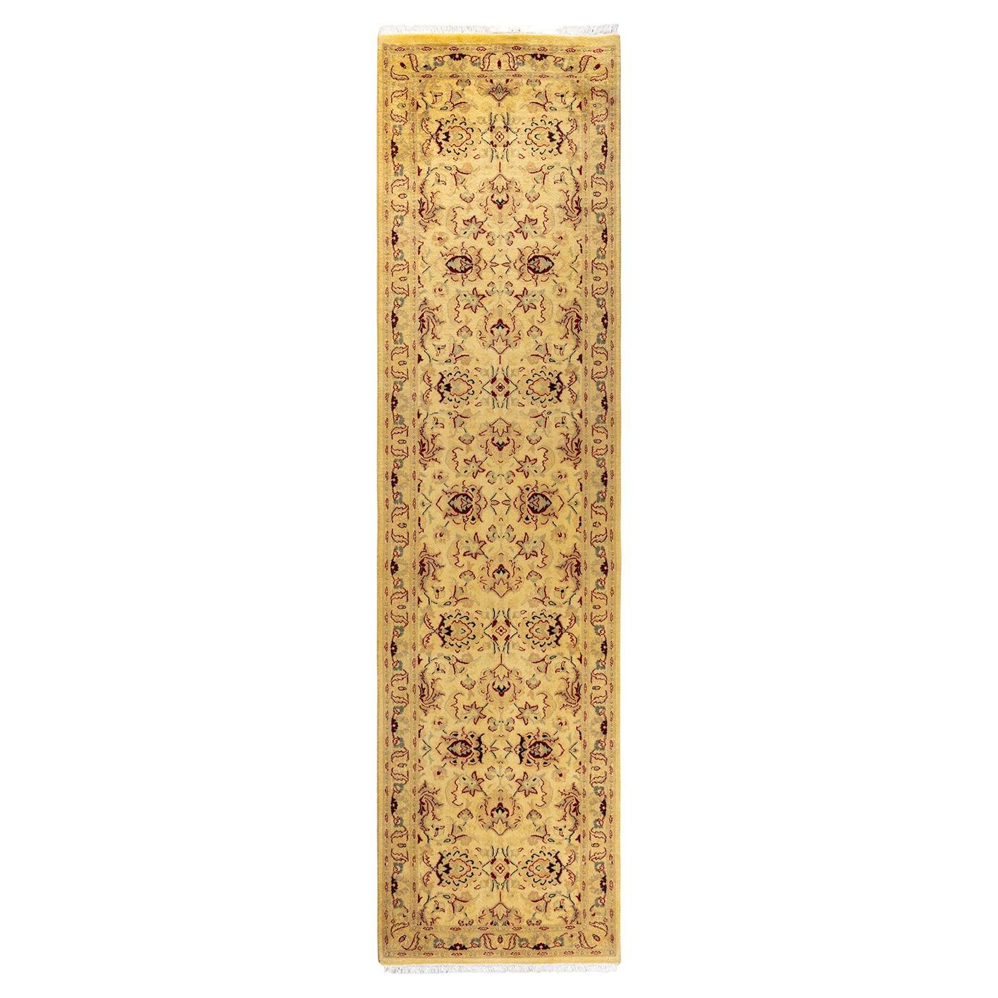 Contemporary Overdyed Hand Knotted Wool Yellow Runner For Sale