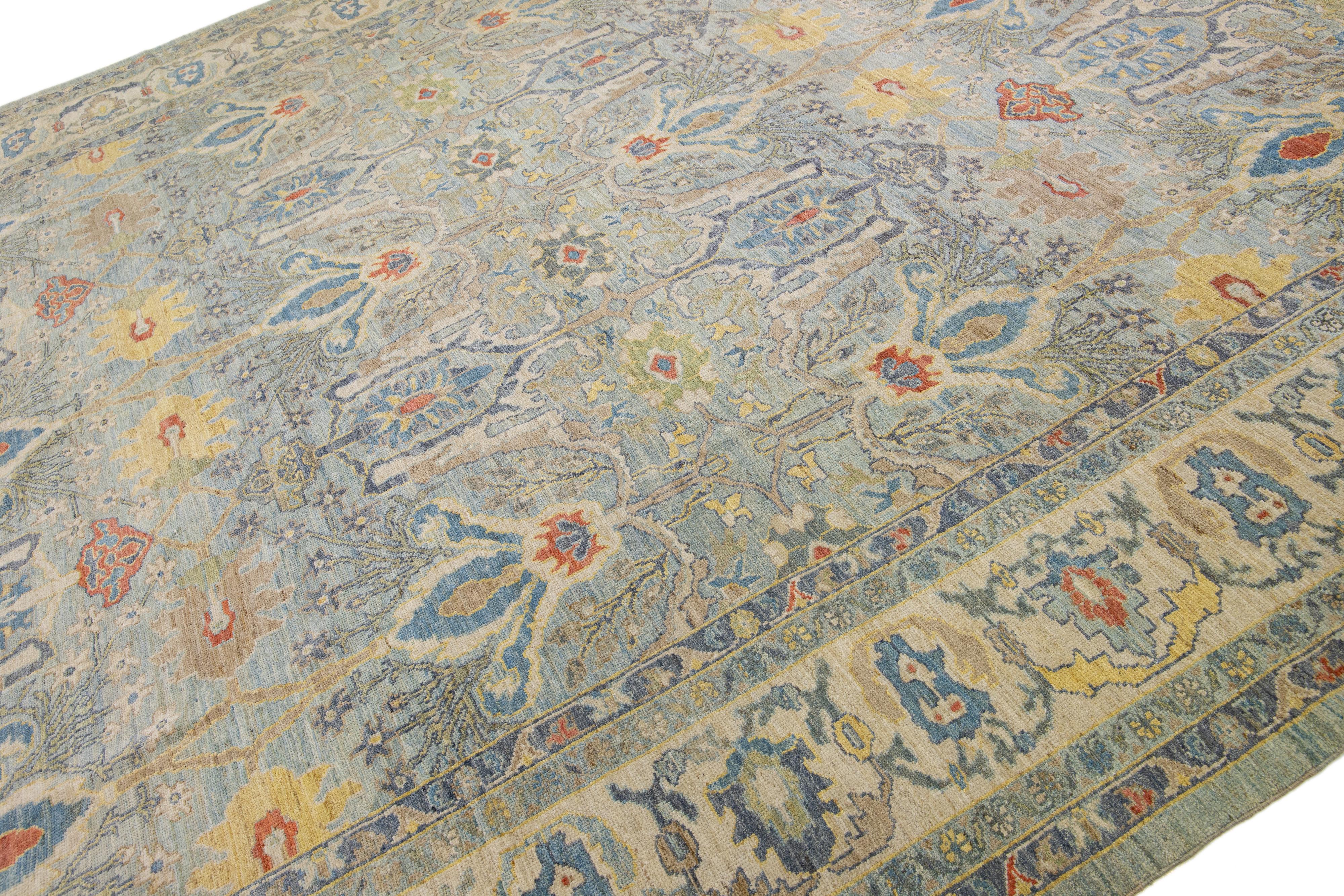 Pakistani Contemporary Oversized Sultanabad Blue Wool Rug with Allover Pattern For Sale