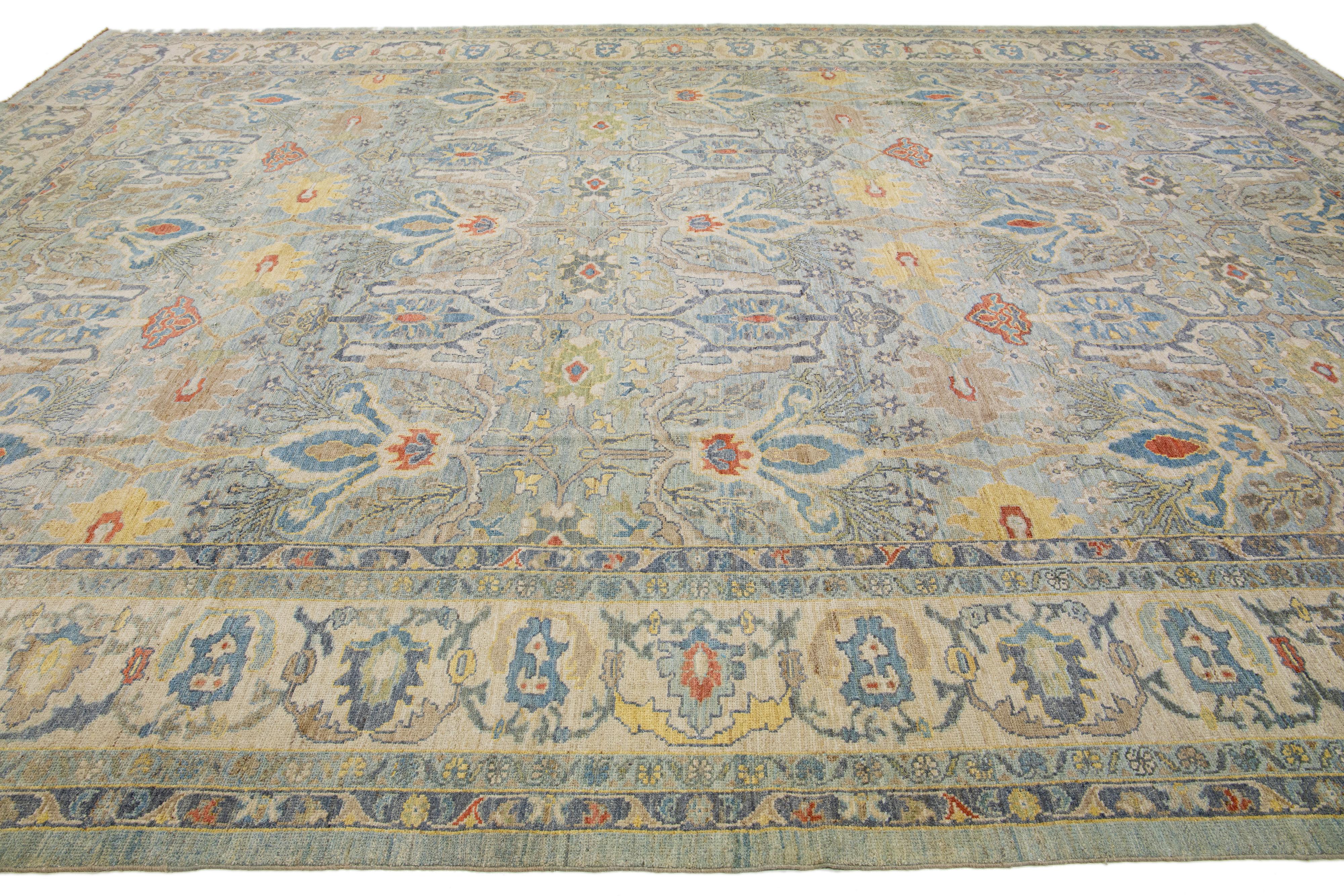 Hand-Knotted Contemporary Oversize Sultanabad Blue Wool Rug with Allover Pattern For Sale