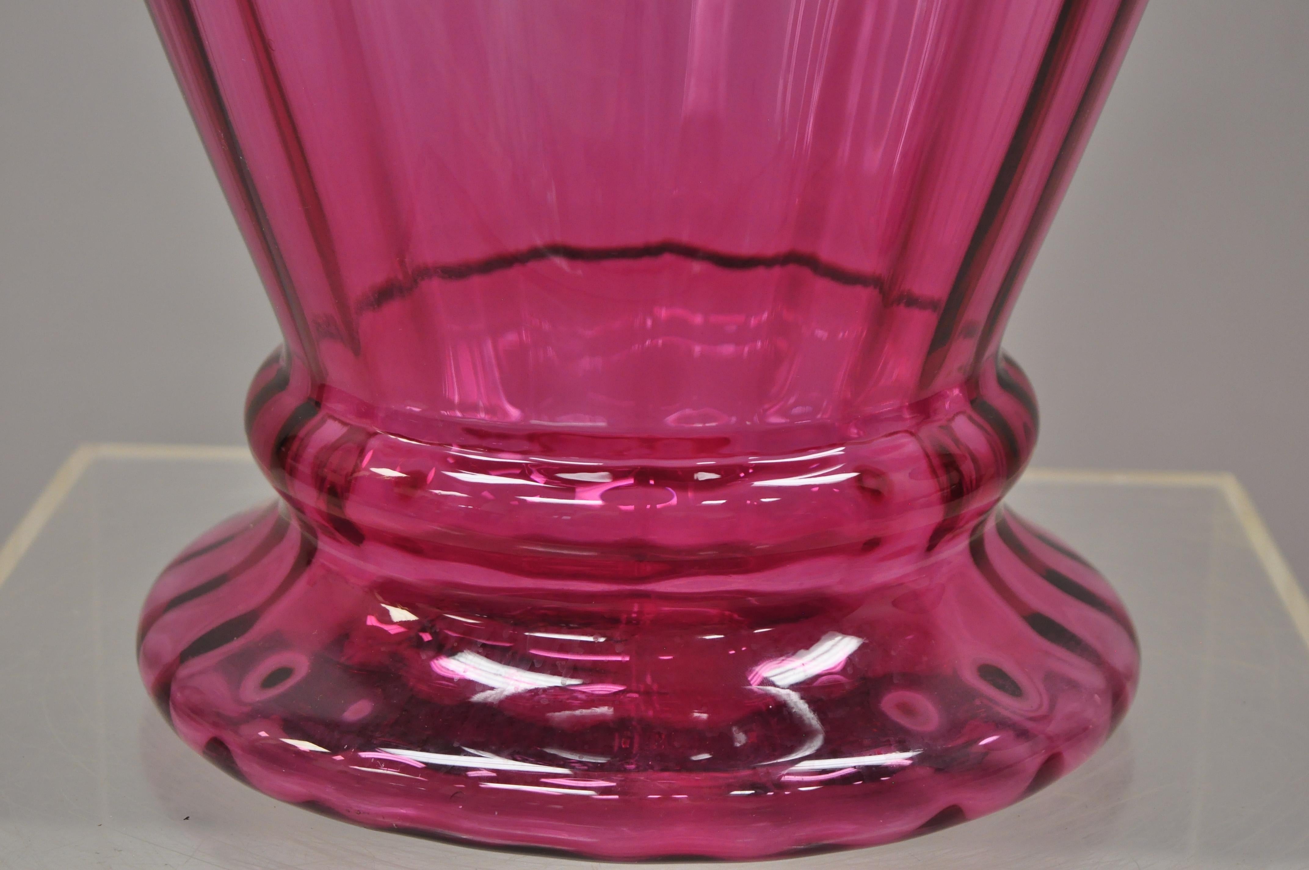 North American Contemporary Oversized Large Modern Pink Hand Blown Ribbed Glass Vase