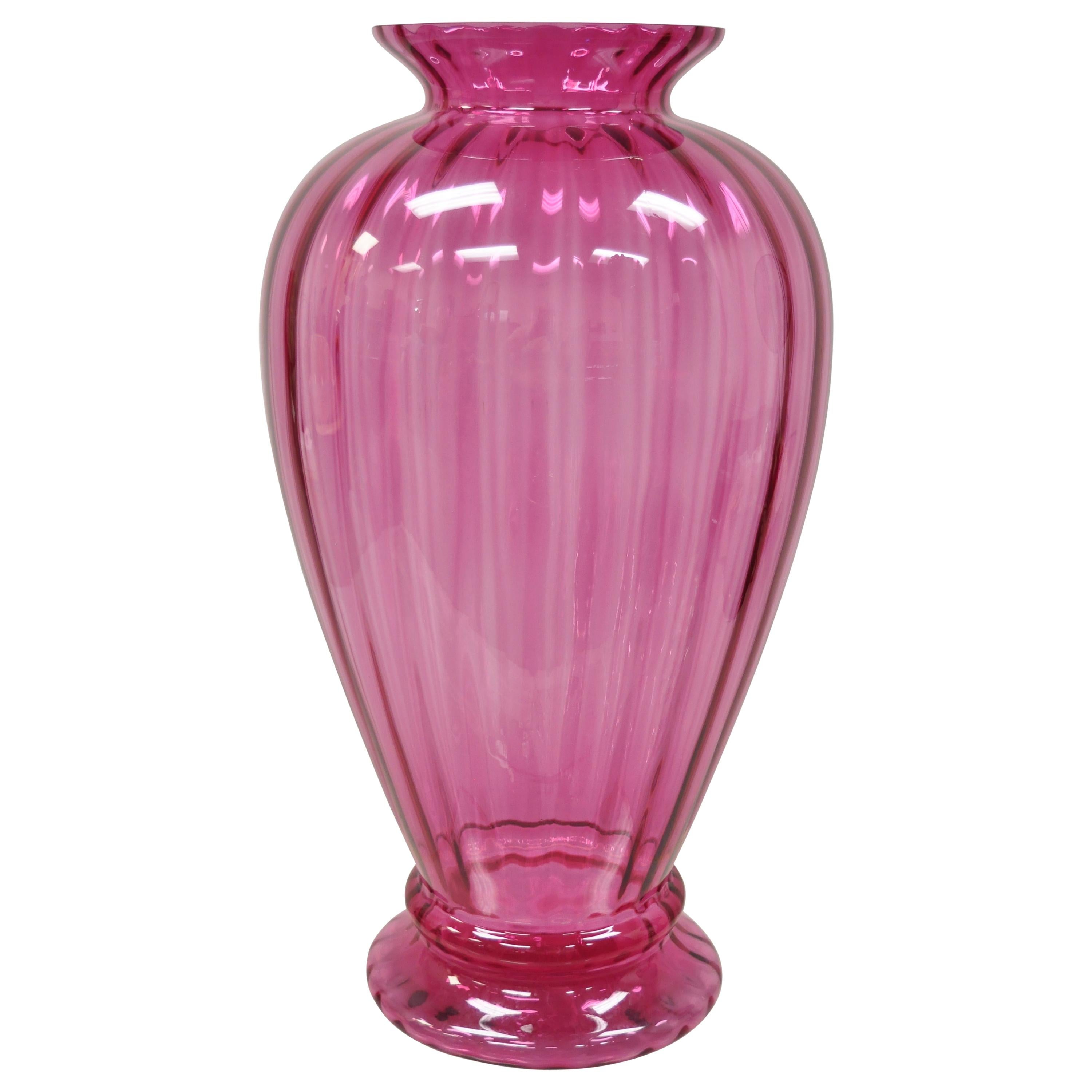 Contemporary Oversized Large Modern Pink Hand Blown Ribbed Glass Vase