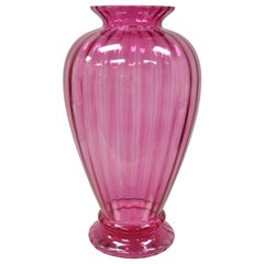 Vintage Contemporary Oversized Large Modern Pink Hand Blown Ribbed Glass Vase