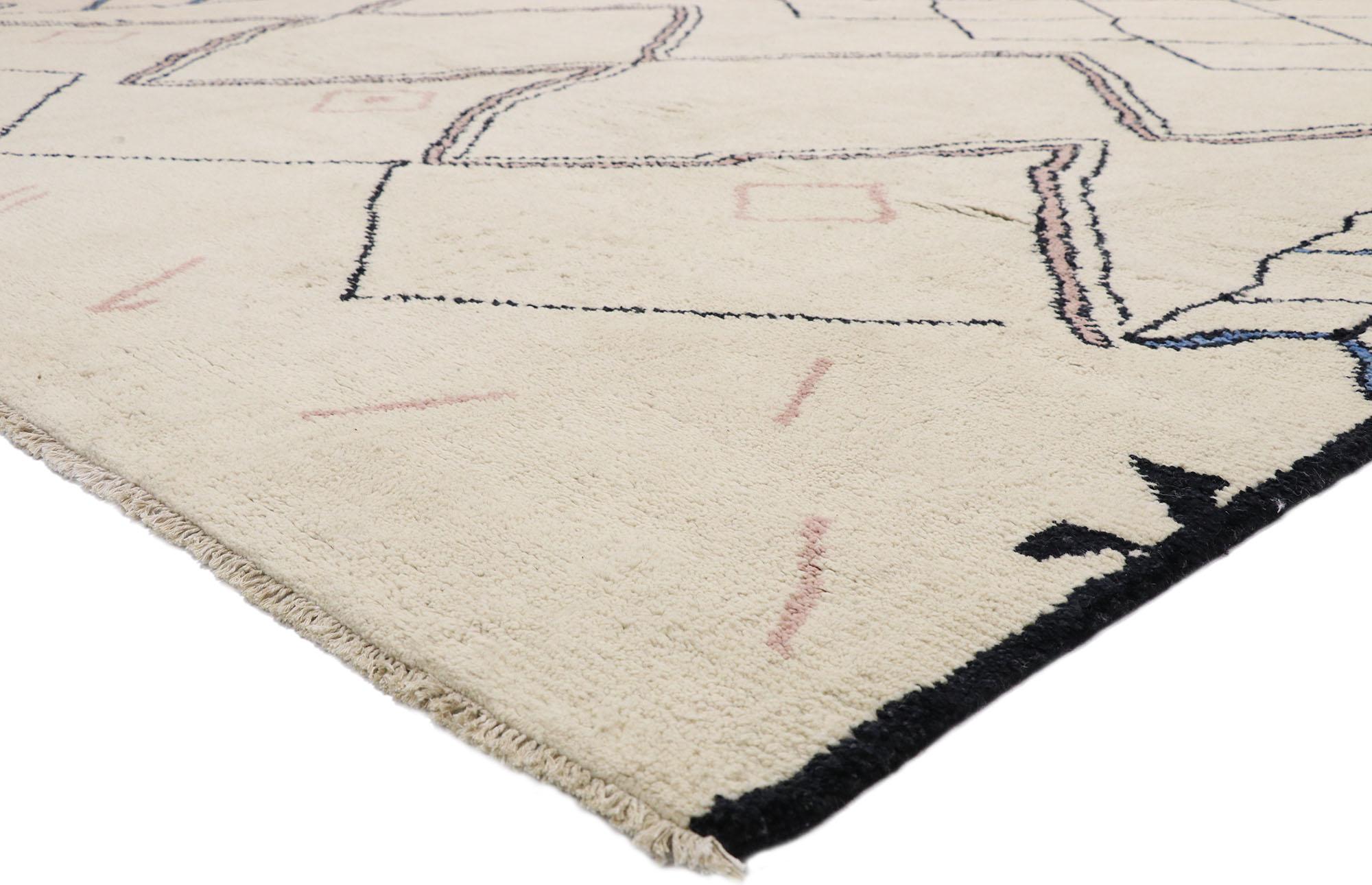 80538 Large Modern Moroccan Rug, 12'02 x 15'10.
​Cozy nomad collides with tribal enchantment in this hand knotted wool oversized Moroccan rug. The layers of divergent design and neutral color scheme weaves a spellingbinding lattice of lozenges, each