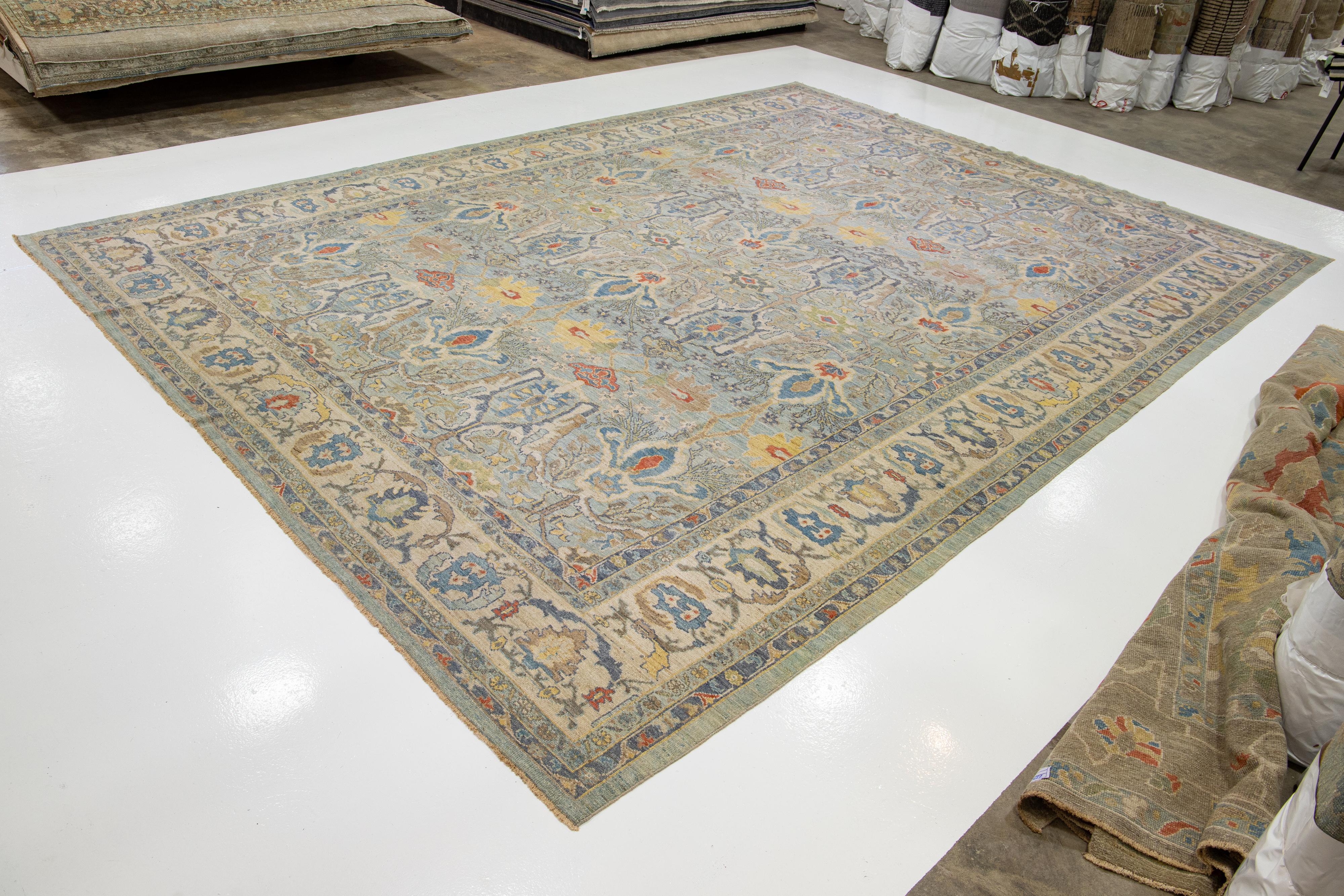 Contemporary Oversized Sultanabad Blue Wool Rug with Allover Pattern For Sale 4