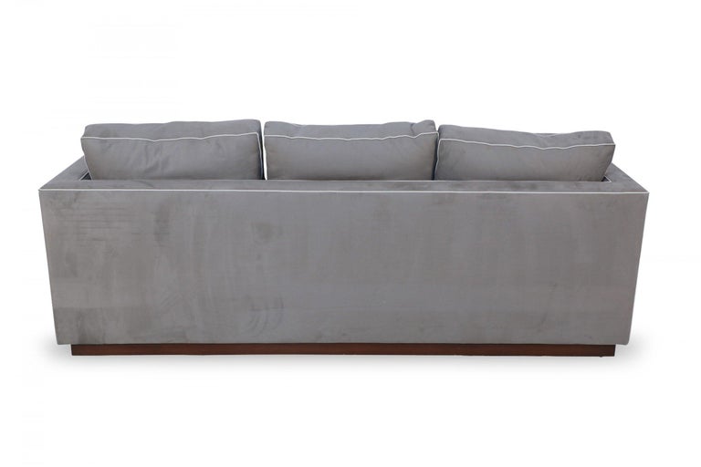 Contemporary Overstuffed Gray Ultrasuede and Leather Sofa For Sale at