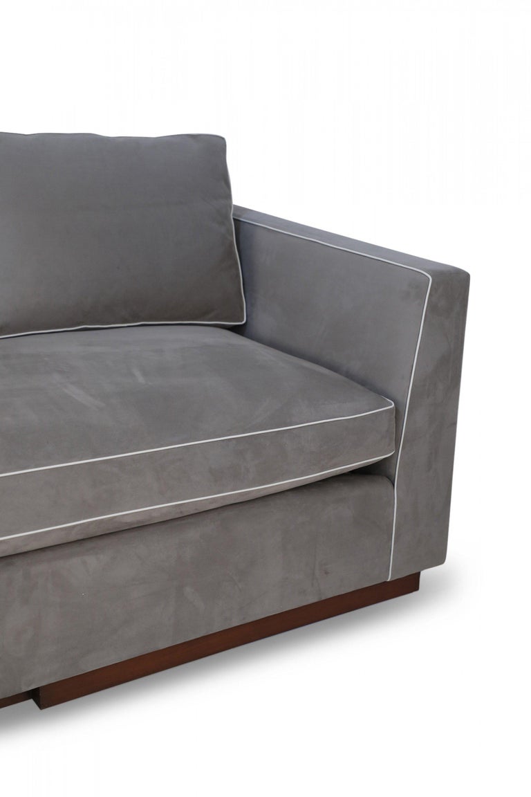 Contemporary Overstuffed Gray Ultrasuede and Leather Sofa For Sale at