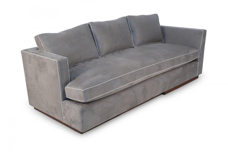 Contemporary Overstuffed Gray Ultrasuede and Leather Sofa For Sale at