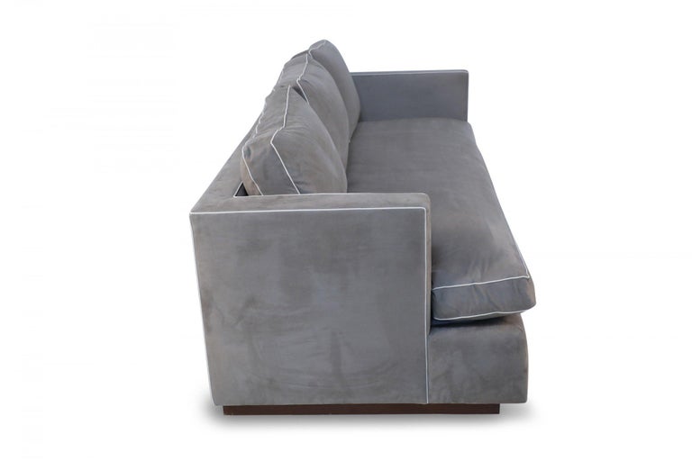 Contemporary Overstuffed Gray Ultrasuede and Leather Sofa For Sale at