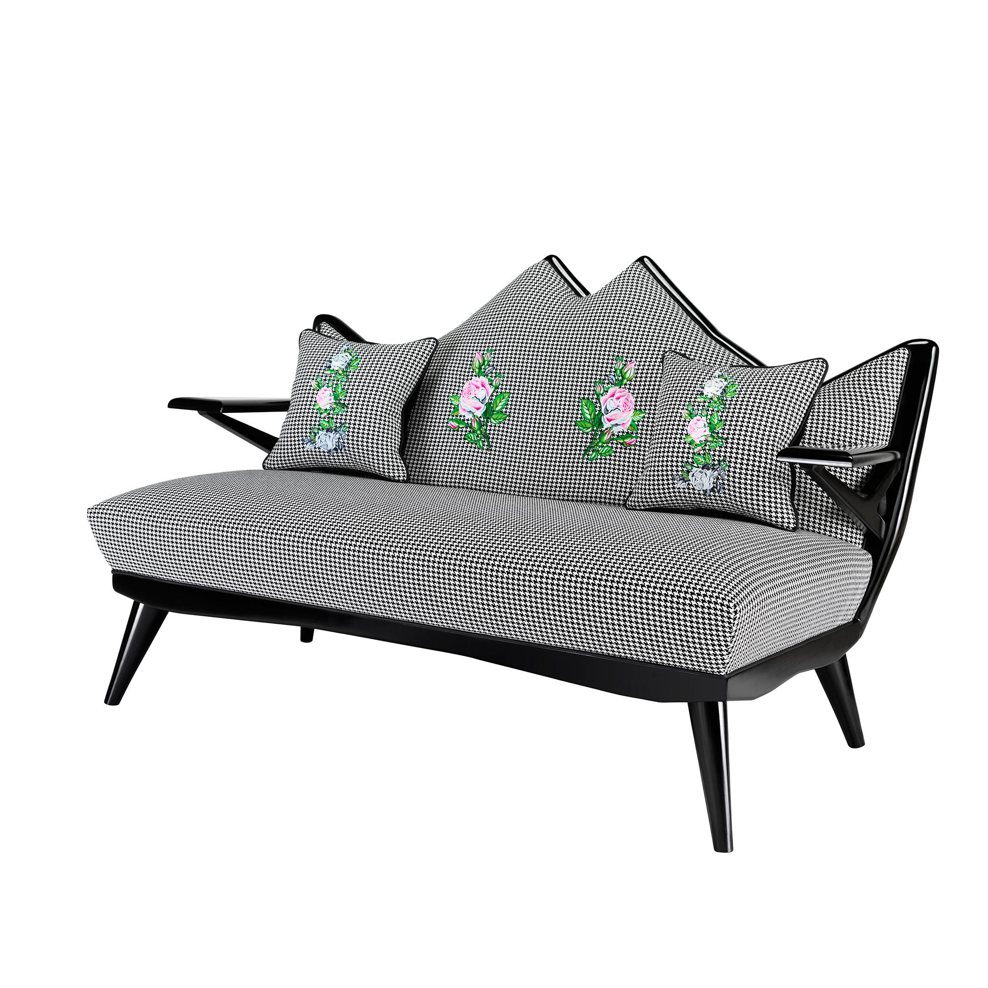 Contemporary Overstuffed Sofa in Fabric with Rose Embroidery For Sale