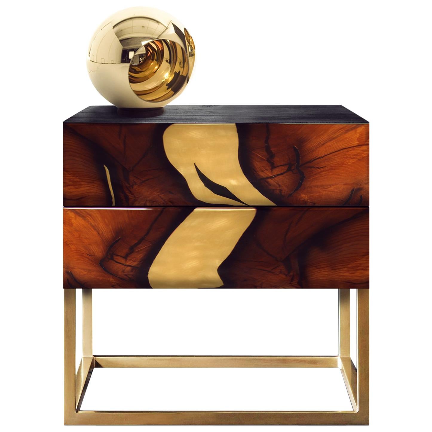 Contemporary Oxara Bedside Table or Nightstand with Gold, Inlay, Copper, Brass For Sale