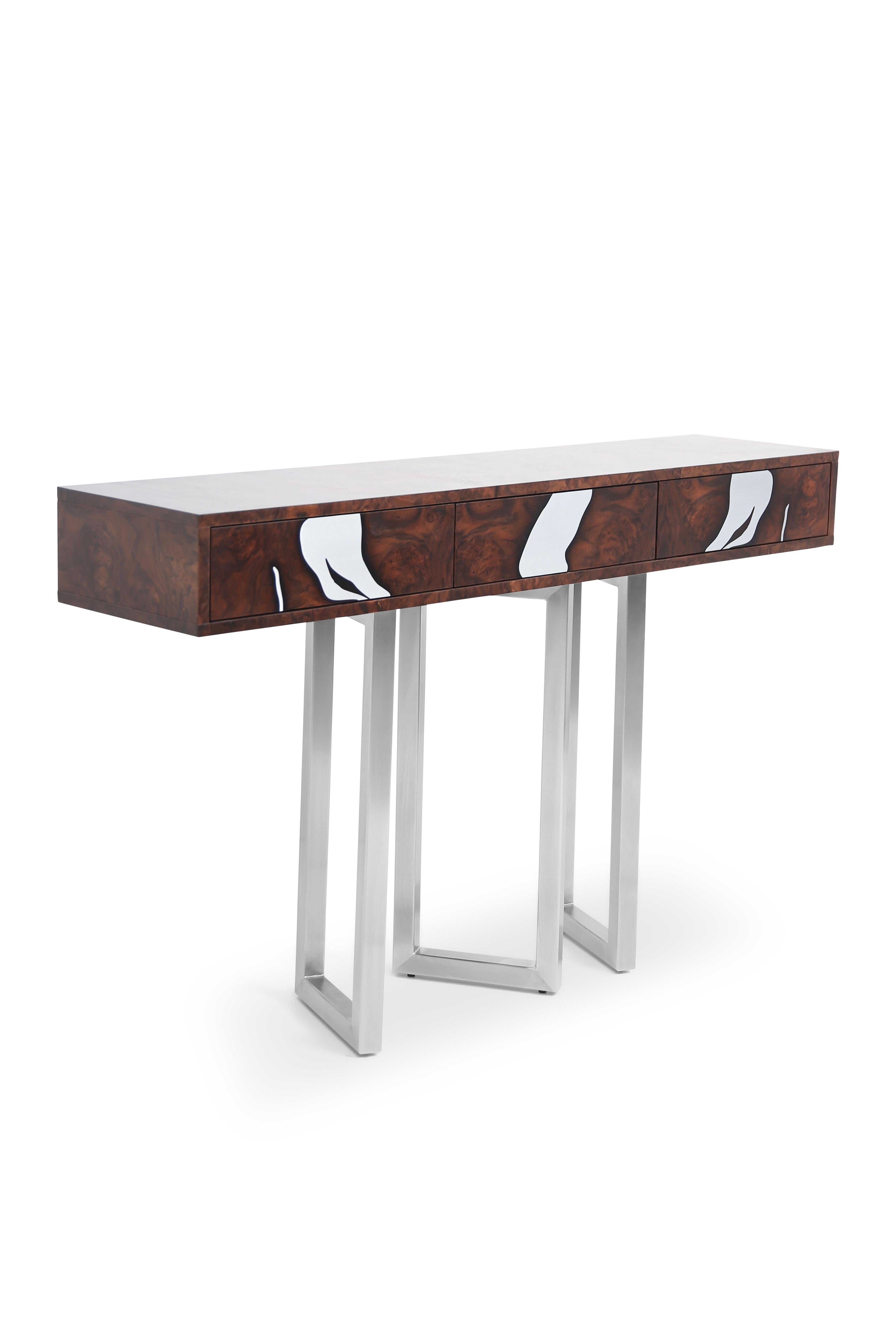 New console table from Oxara collection! Title is after Icelandic river!

Boost the look of your entryway, hallway, living room or office space with this modern style, accent console table. Made with high-quality walnut root veneers and polished
