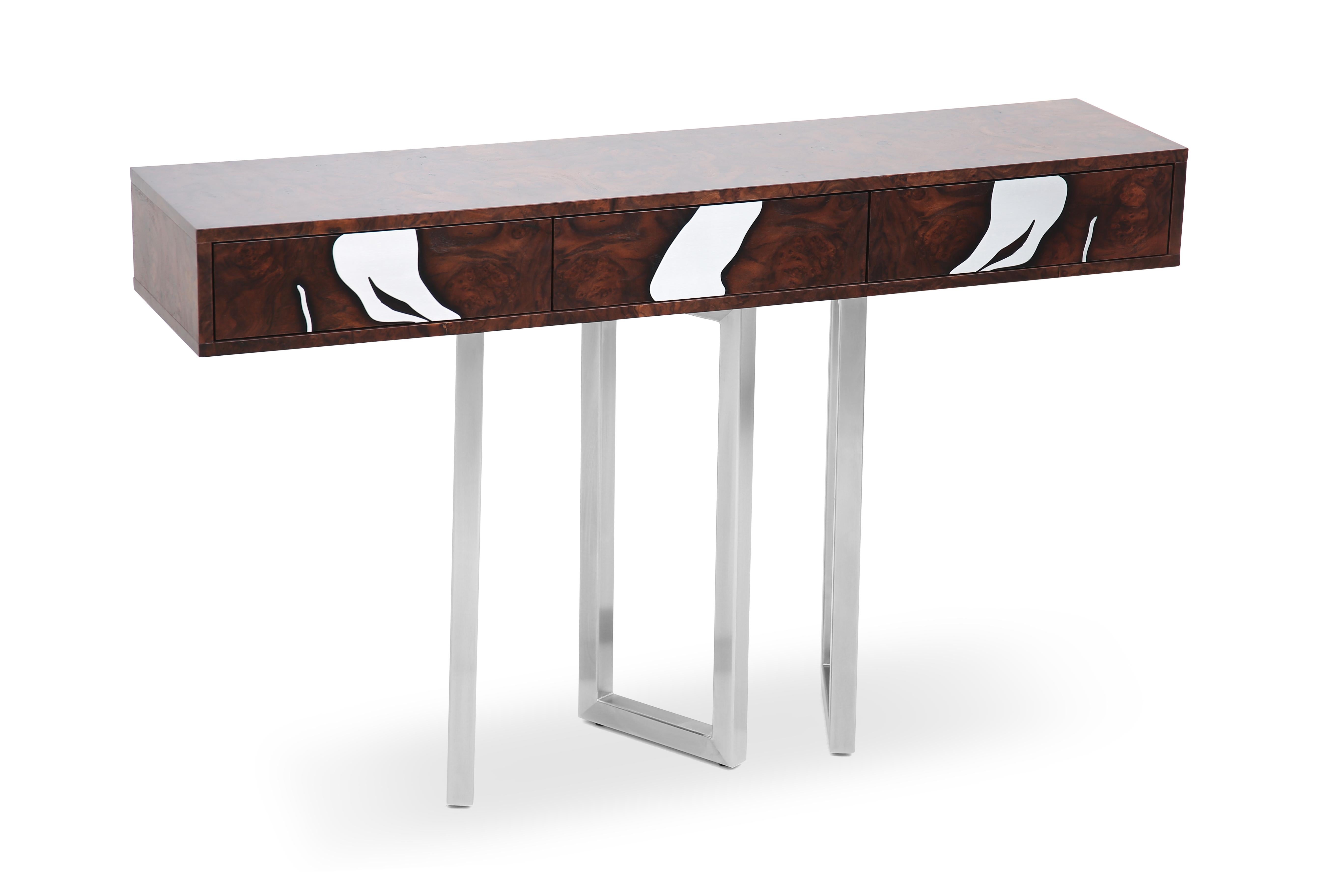 Modern Contemporary Oxara Console Table in Walnut Root, Stainless Steel For Sale